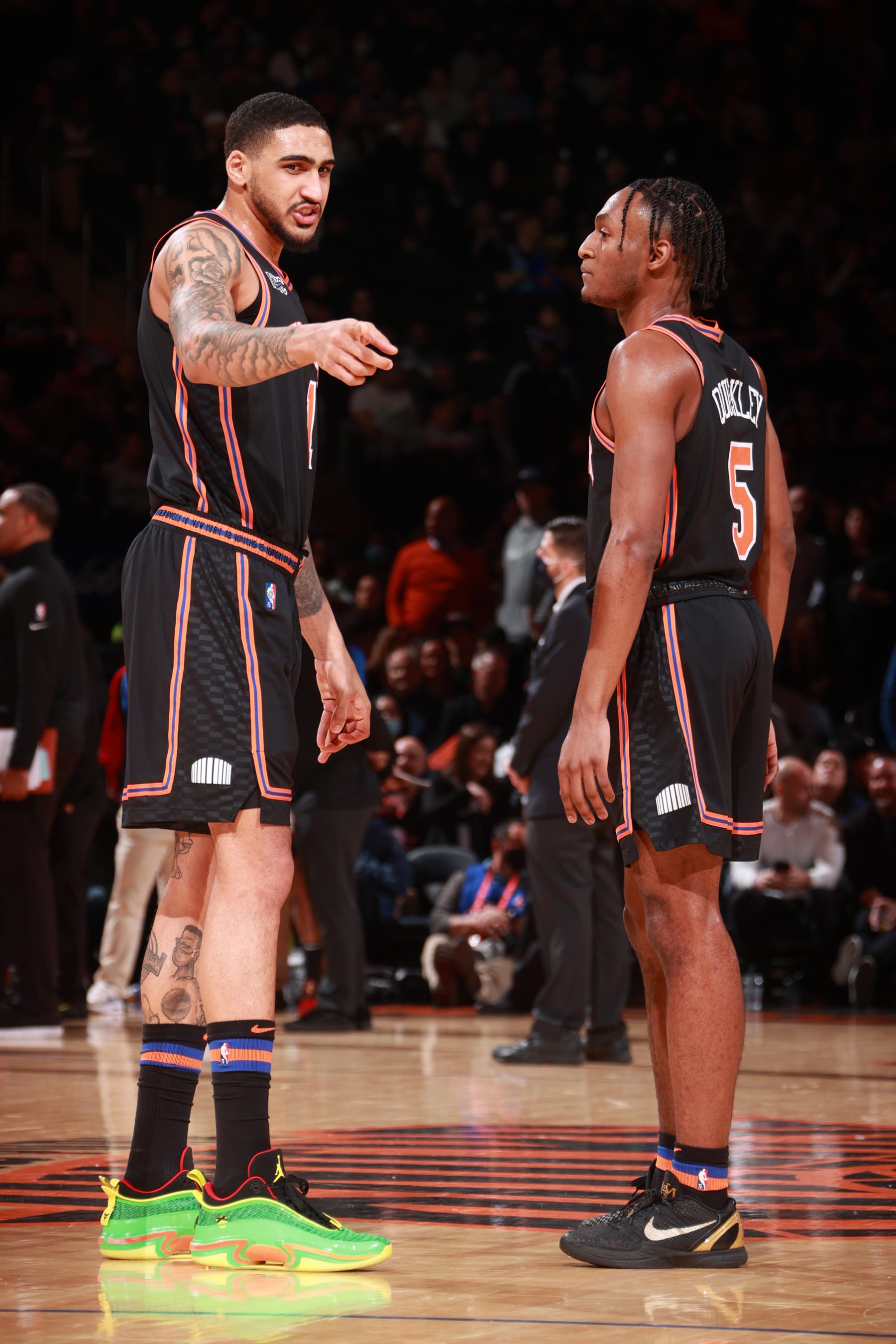 NEW YORK, NY - FEBRUARY 25: Obi Toppin #1 talks to Immanuel Quickley #5 of the New York Knicks during the game against the Miami Heat on February 25, 2022 at Madison Square Garden in New York City, New York.  NOTE TO USER: User expressly acknowledges and agrees that, by downloading and or using this photograph, User is consenting to the terms and conditions of the Getty Images License Agreement. Mandatory Copyright Notice: Copyright 2022 NBAE  (Photo by Nathaniel S. Butler/NBAE via Getty Images)