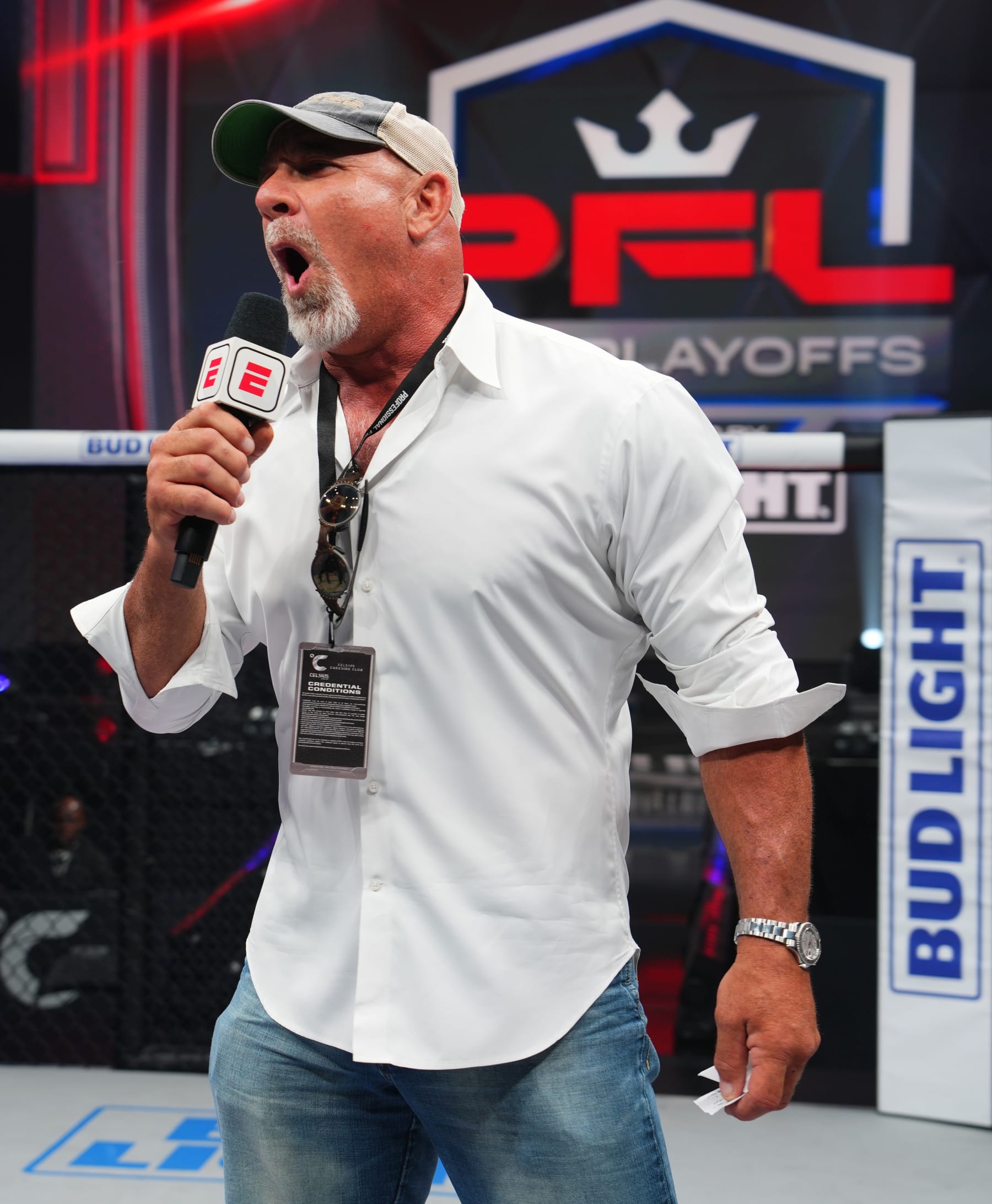 SAN ANTONIO, TX - AUGUST 04: Bill Goldberg speaks to the crowd during PFL 2023 week 7 at Boeing Center at Tech Port on August 4, 2023 in San Antonio, Texas. (Photo by Cooper Neill/Getty Images)