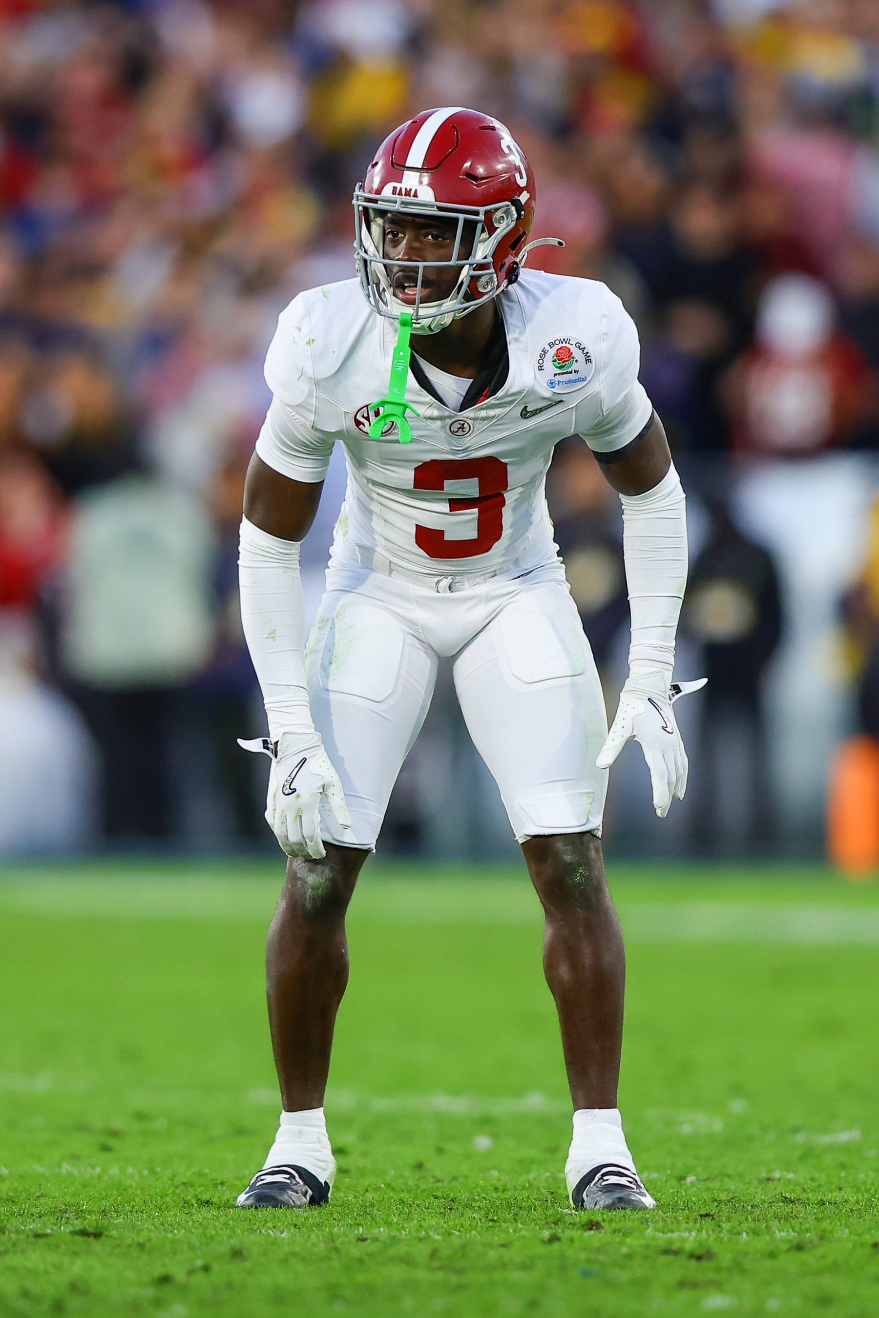 PASADENA, CA - JANUARY 01: Alabama Crimson Tide defensive back Terrion Arnold (3) lines up during the Alabama Crimson Tide game versus the Michigan Wolverines CFP Semifinal at the Rose Bowl Game on January, 1, 2024, at the Rose Bowl Stadium in Pasadena, CA. (Photo by Jordon Kelly/Icon Sportswire via Getty Images)