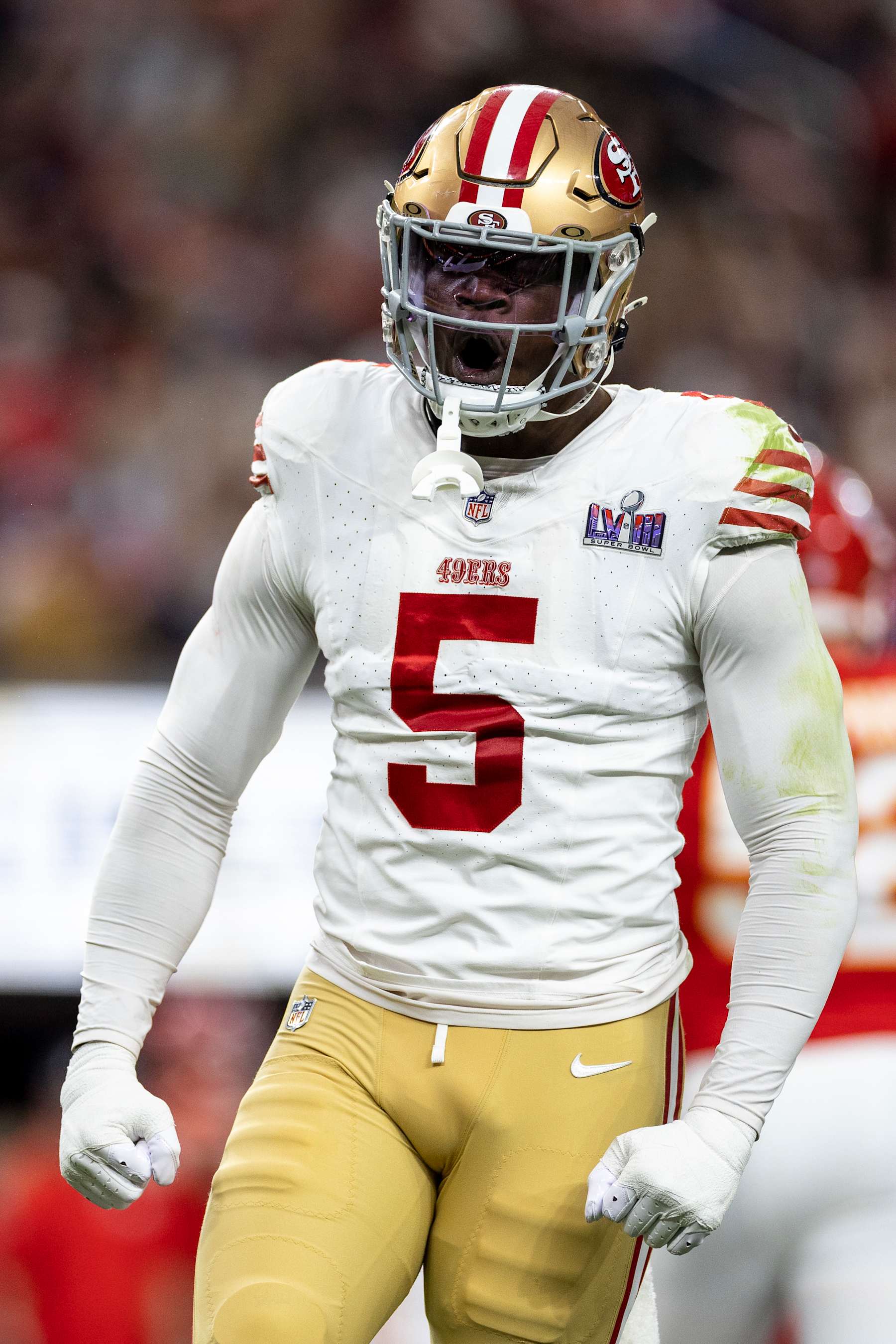 LAS VEGAS, NEVADA - FEBRUARY 11: Randy Gregory #5 of the San Francisco 49ers reacts after sacking Patrick Mahomes #15 of the Kansas City Chiefs during the NFL Super Bowl 58 football game between the San Francisco 49ers and the Kansas City Chiefs at Allegiant Stadium on February 11, 2024 in Las Vegas, Nevada. (Photo by Michael Owens/Getty Images)