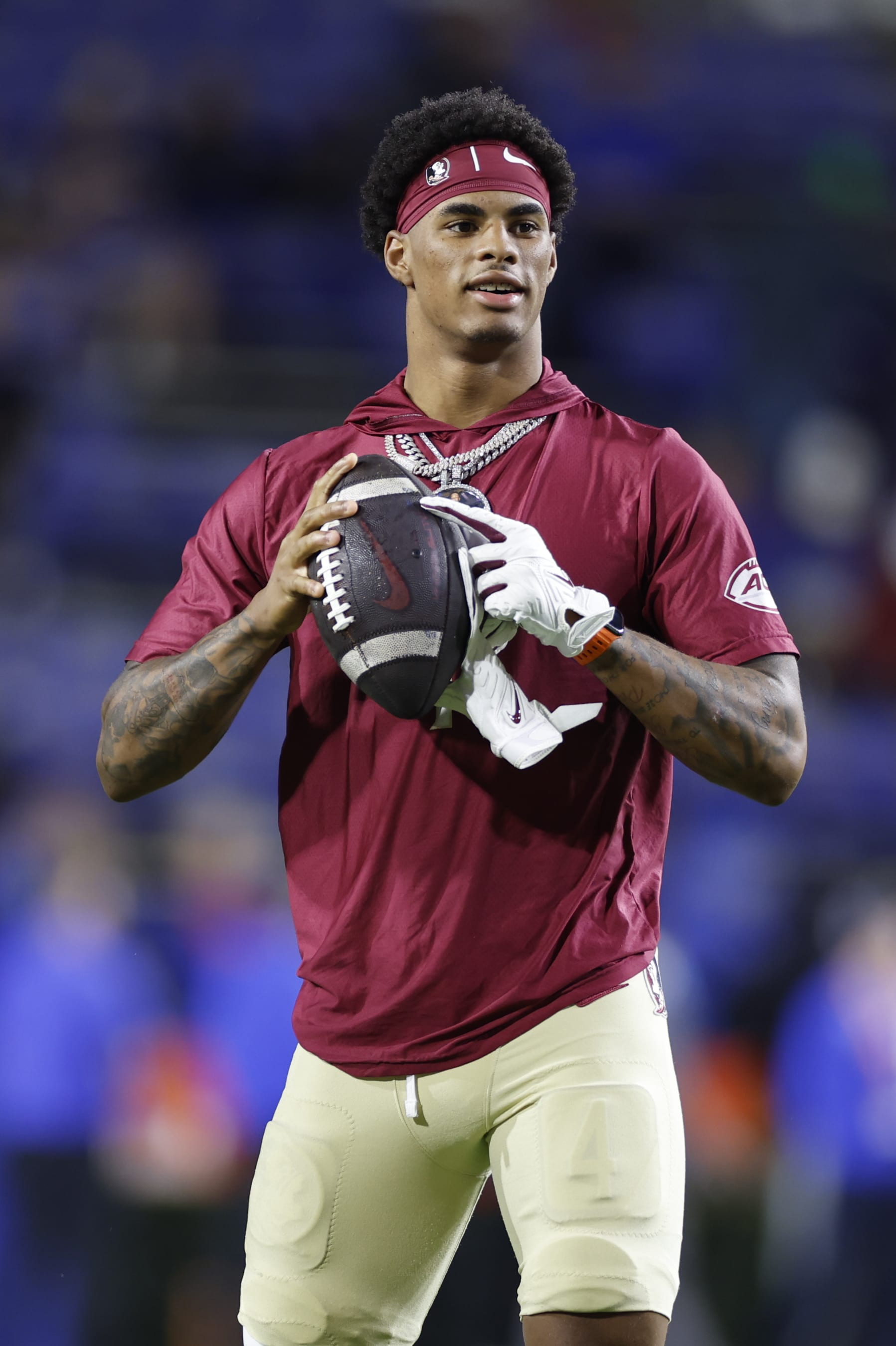 GAINESVILLE, FL - NOVEMBER 25: Florida State Seminoles wide receiver Keon Coleman (4) before the game between the Florida Gators and the Florida State Seminoles on November 25, 2023 at Ben Hill Griffin Stadium at Florida Field in Gainesville, Fl. (Photo by David Rosenblum/Icon Sportswire via Getty Images)