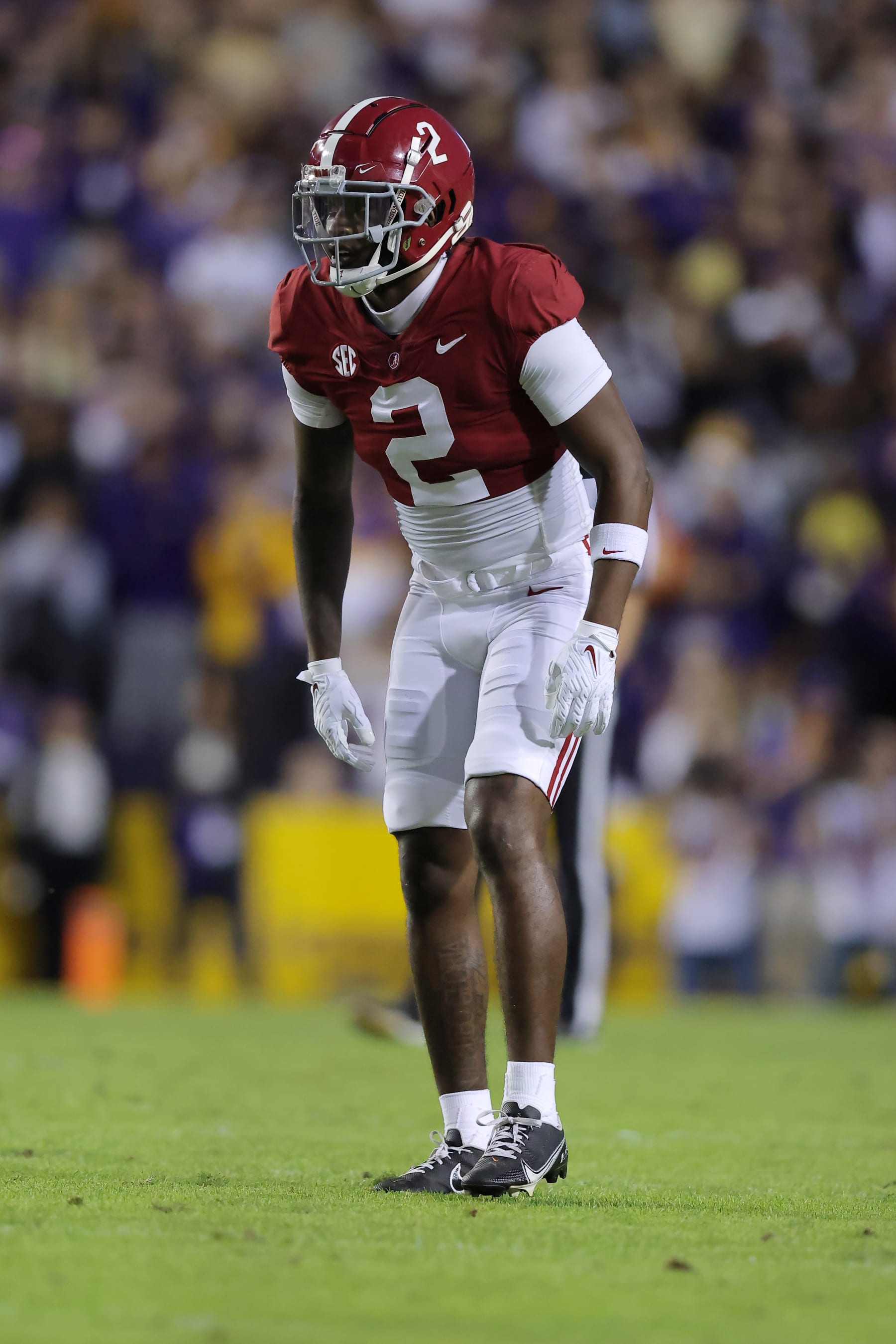 BATON ROUGE, LOUISIANA - NOVEMBER 05: DeMarcco Hellams #2 of the Alabama Crimson Tide in action against the LSU Tigers during a game at Tiger Stadium on November 05, 2022 in Baton Rouge, Louisiana. (Photo by Jonathan Bachman/Getty Images)