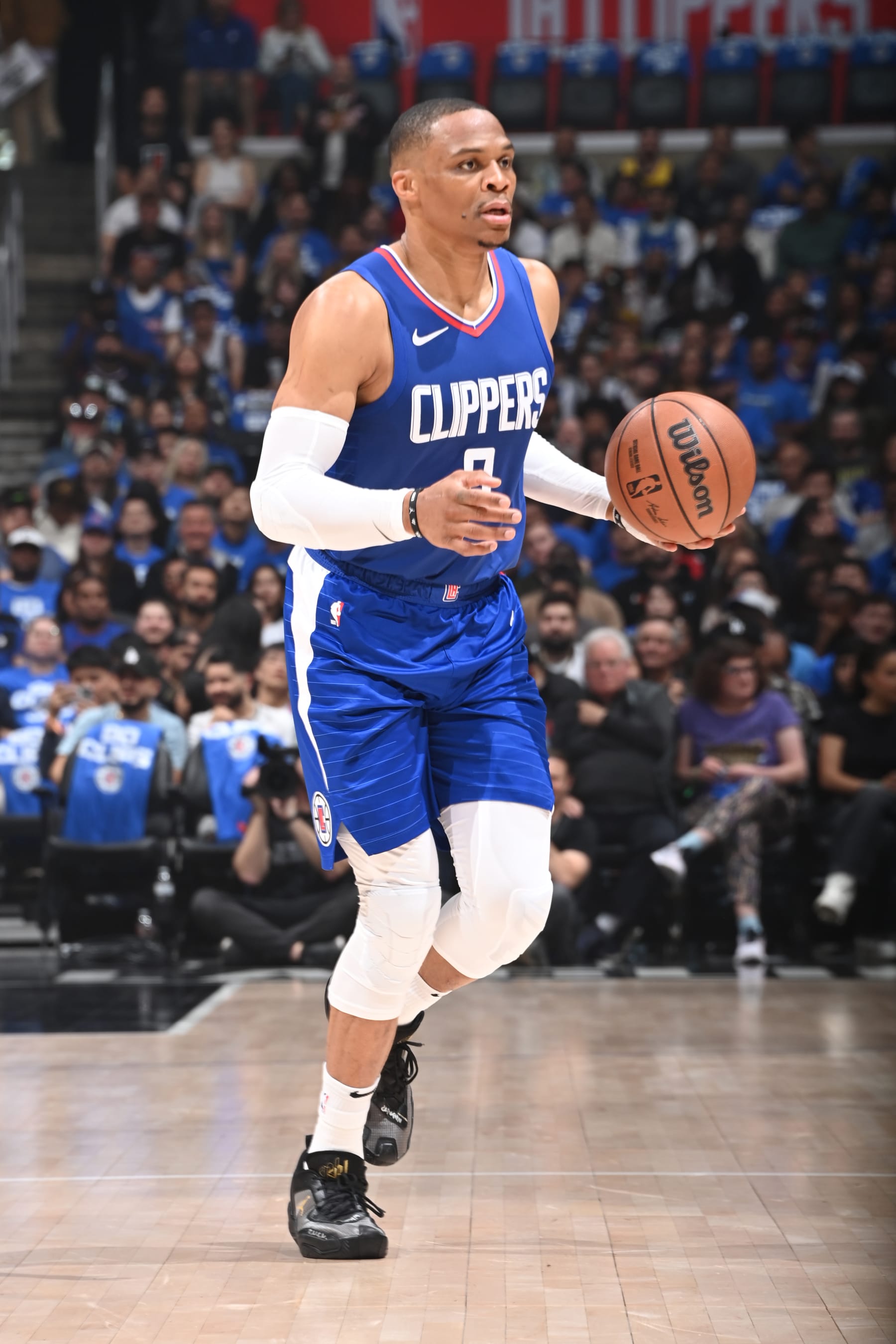 LOS ANGELES, CA - APRIL 21: Russell Westbrook #0 of the LA Clippers dribbles the ball during the game against the Dallas Mavericks during the 2024 NBA Playoffs on April 21, 2024 at Crypto.Com Arena in Los Angeles, California. NOTE TO USER: User expressly acknowledges and agrees that, by downloading and/or using this Photograph, user is consenting to the terms and conditions of the Getty Images License Agreement. Mandatory Copyright Notice: Copyright 2024 NBAE (Photo by Andrew D. Bernstein/NBAE via Getty Images)