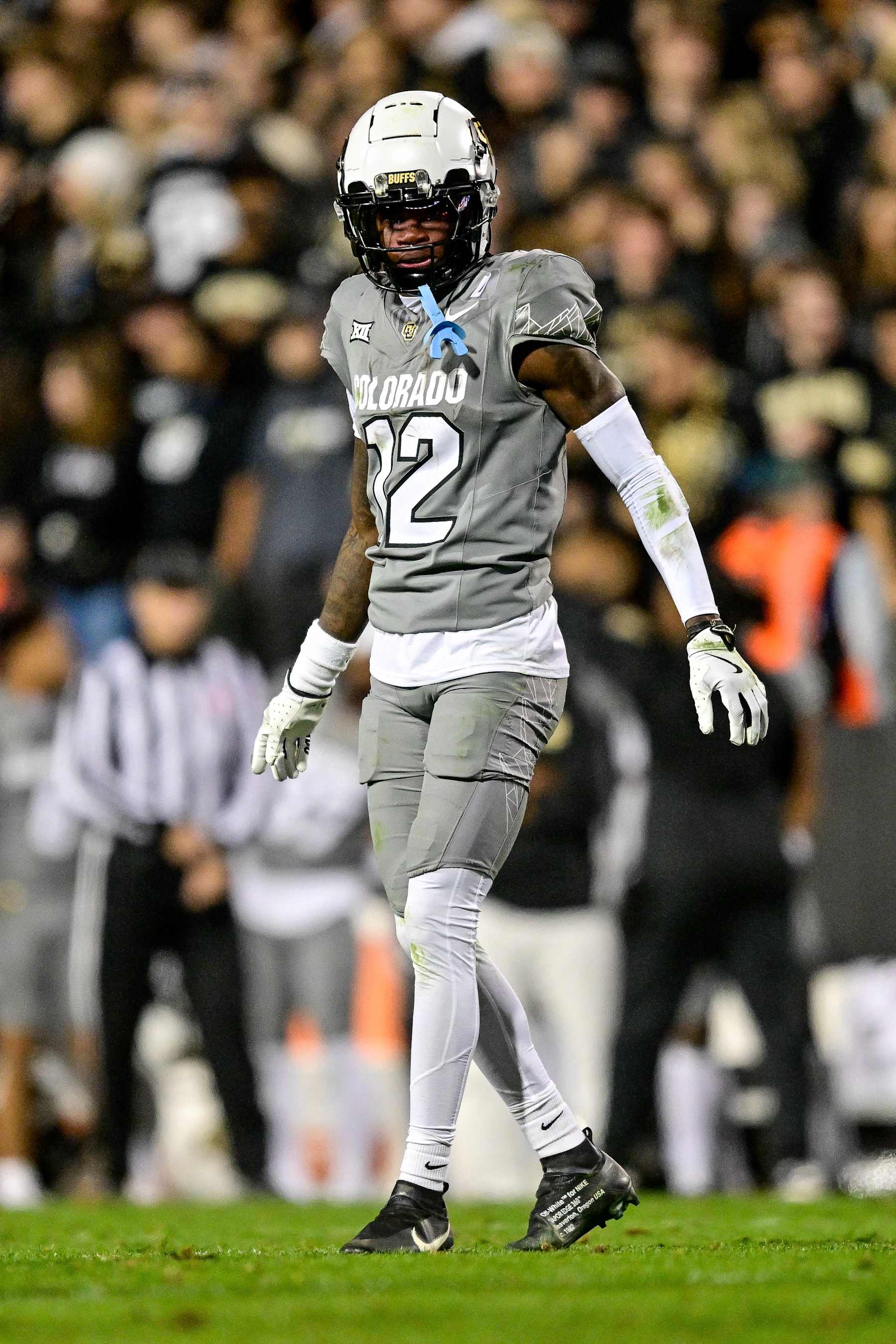 BOULDER, CO - OCTOBER 26:  Travis Hunter #12 of the Colorado Buffaloes lines up on defense in the second half of a game against the Cincinnati Bearcats at Folsom Field on October 26, 2024 in Boulder, Colorado. (Photo by Dustin Bradford/Getty Images)