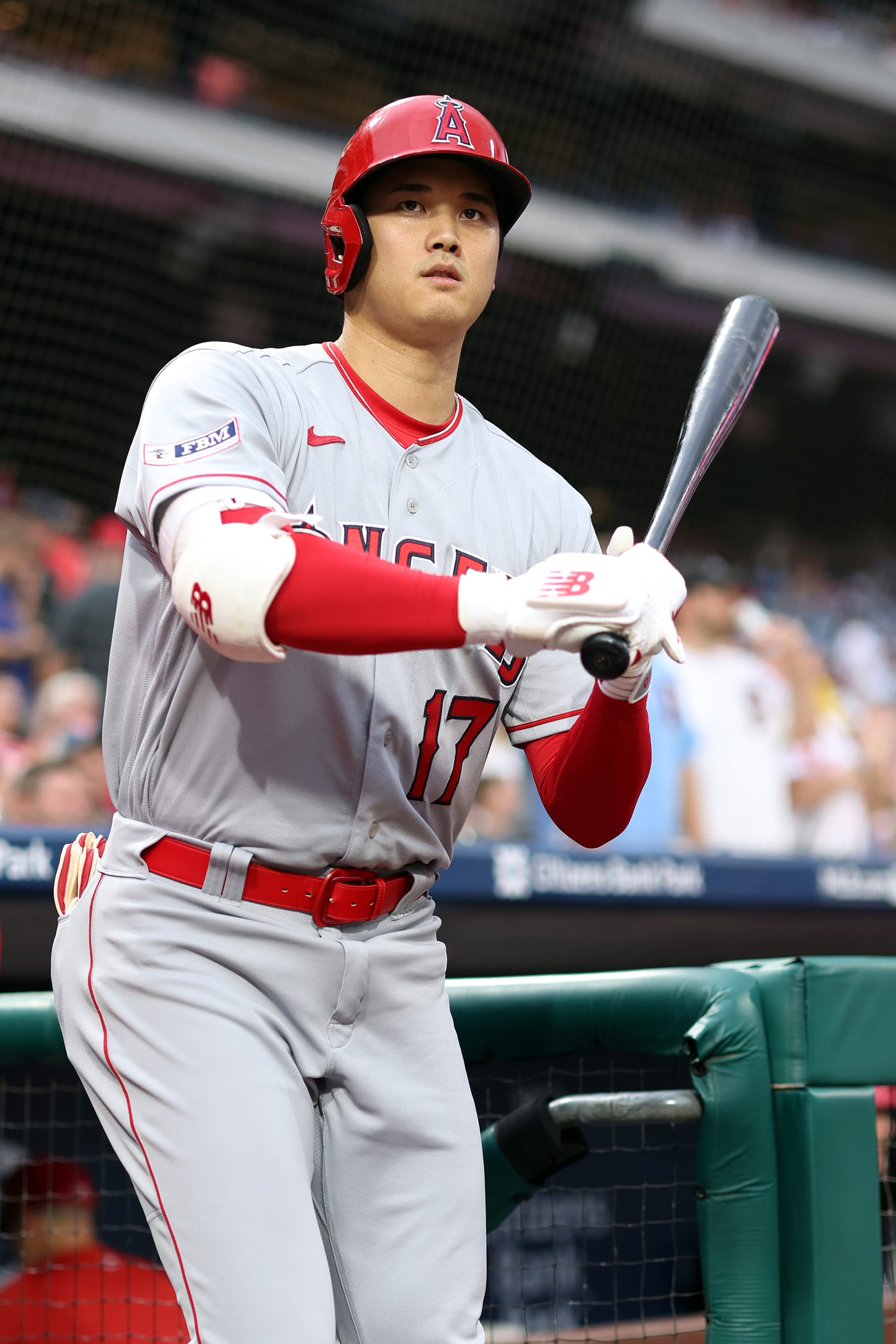 PHILADELPHIA, PENNSYLVANIA - AUGUST 29: Shohei Ohtani #17 of the Los Angeles Angels looks on before playing against the Philadelphia Phillies at Citizens Bank Park on August 29, 2023 in Philadelphia, Pennsylvania. (Photo by Tim Nwachukwu/Getty Images)