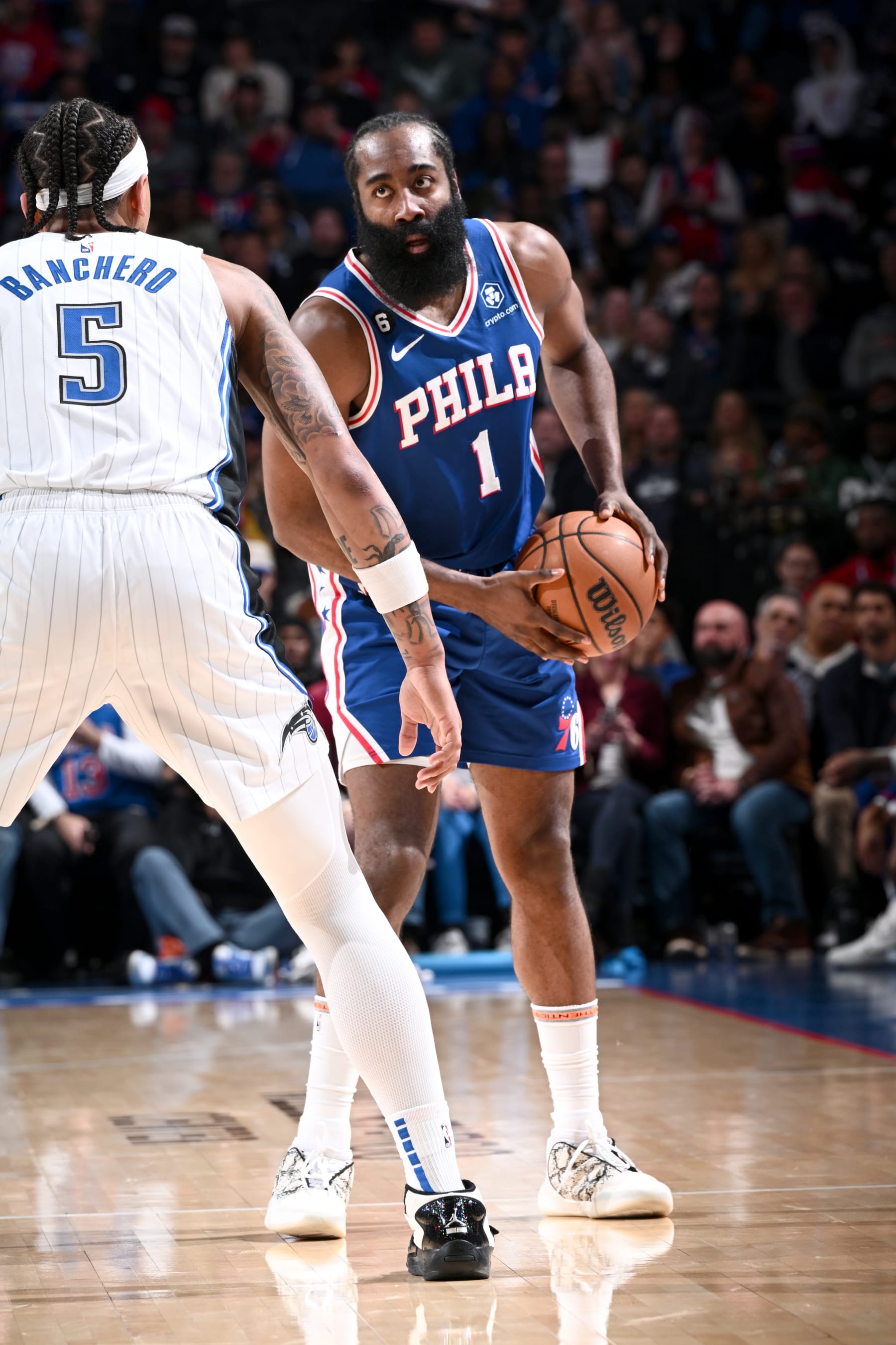 PHILADELPHIA, PA - FEBRUARY 1: James Harden #1 of the Philadelphia 76ers handles the ball during the game against the Orlando Magic on February 1, 2023 at the Wells Fargo Center in Philadelphia, Pennsylvania NOTE TO USER: User expressly acknowledges and agrees that, by downloading and/or using this Photograph, user is consenting to the terms and conditions of the Getty Images License Agreement. Mandatory Copyright Notice: Copyright 2023 NBAE (Photo by David Dow/NBAE via Getty Images)