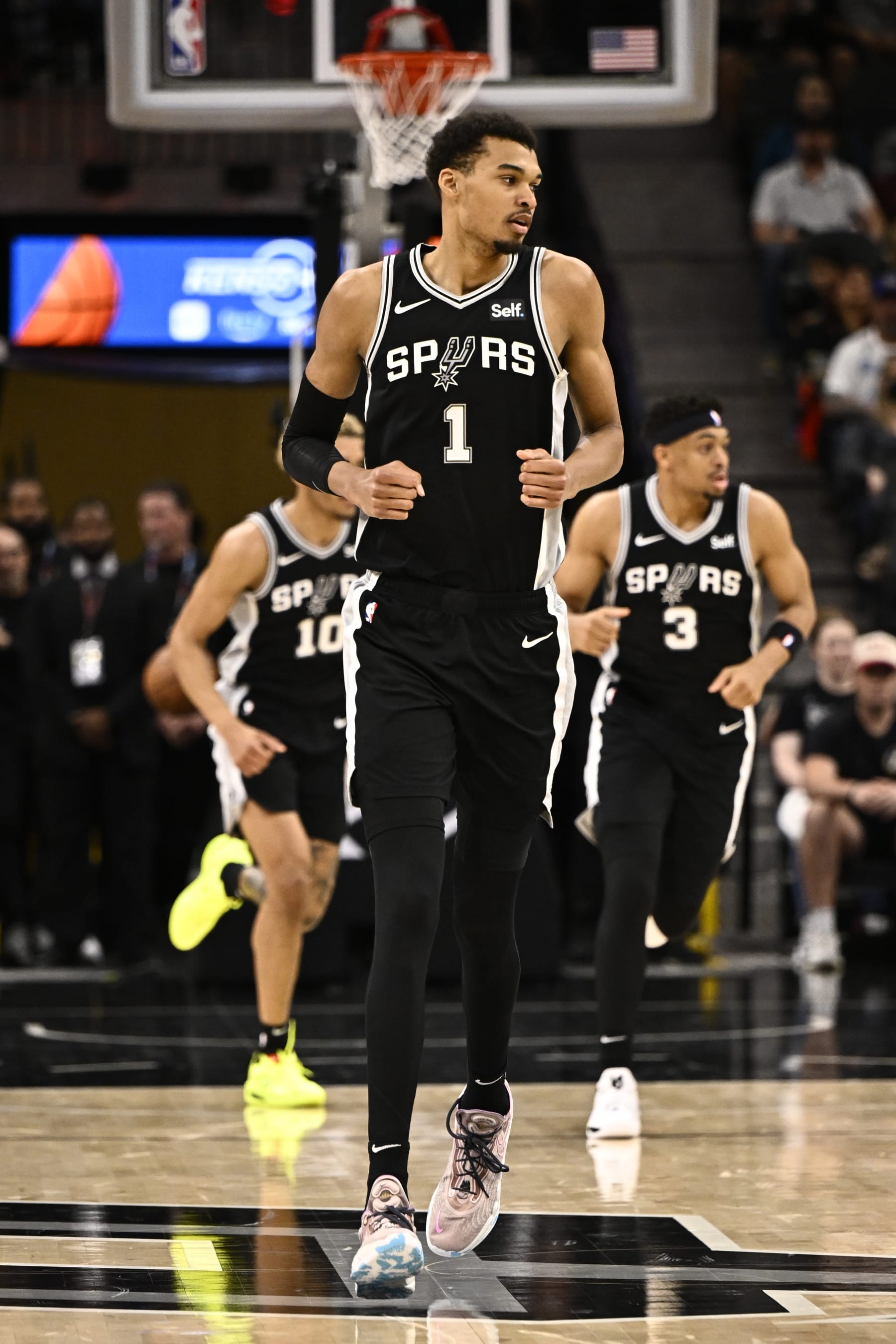 SAN ANTONIO, TX - MARCH 11: Victor Wembanyama #1 of the San Antonio Spurs looks on during the game against the Golden State Warriors on March 11, 2024 at the AT&T Center in San Antonio, Texas. NOTE TO USER: User expressly acknowledges and agrees that, by downloading and or using this photograph, user is consenting to the terms and conditions of the Getty Images License Agreement. Mandatory Copyright Notice: Copyright 2024 NBAE (Photos by David Dow/NBAE via Getty Images)
