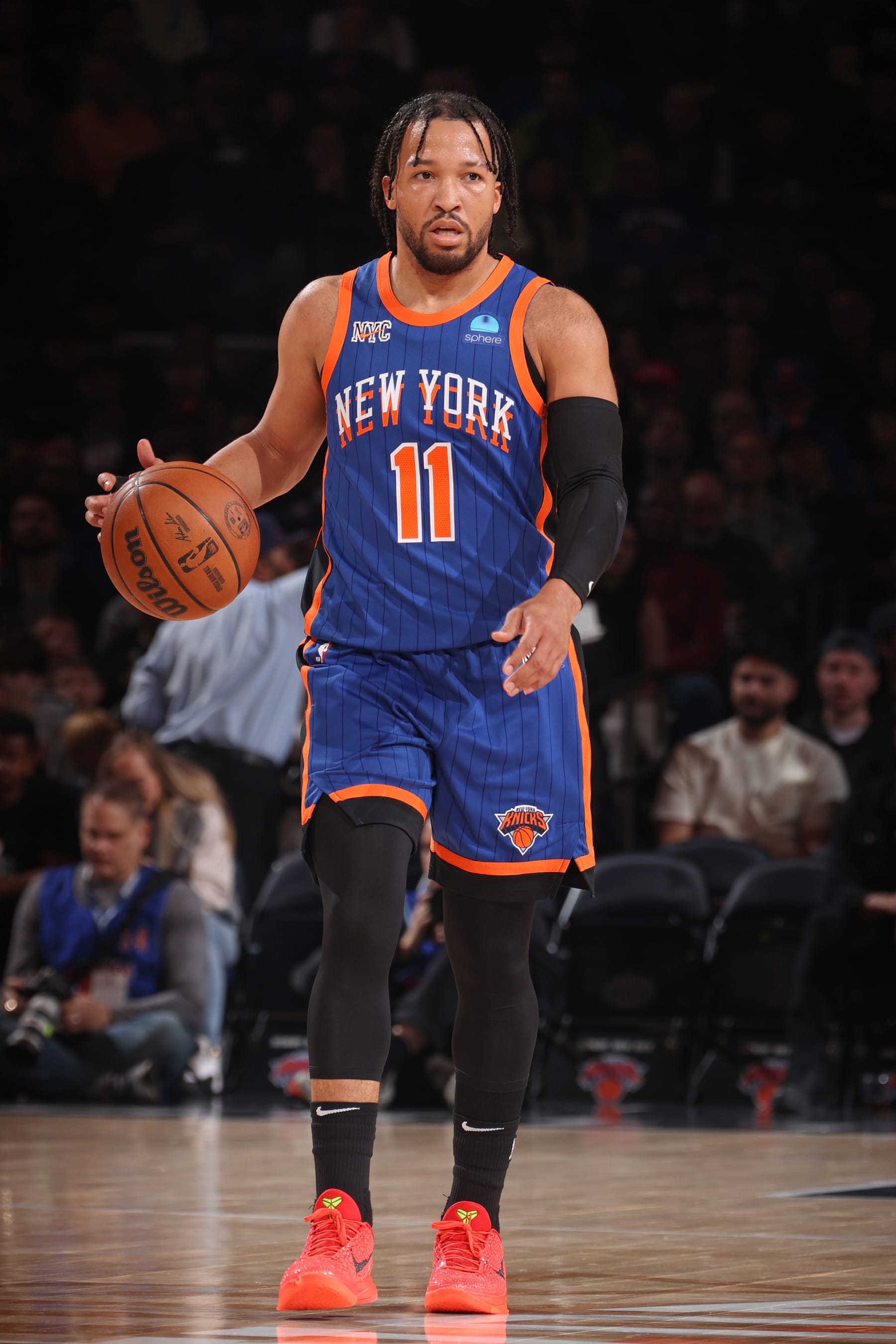 NEW YORK, NY - MARCH 23: Jalen Brunson #11 of the New York Knicks brings the ball up court during the game against the Brooklyn Nets on March 23, 2024 at Madison Square Garden in New York City, New York.  NOTE TO USER: User expressly acknowledges and agrees that, by downloading and or using this photograph, User is consenting to the terms and conditions of the Getty Images License Agreement. Mandatory Copyright Notice: Copyright 2024 NBAE  (Photo by Nathaniel S. Butler/NBAE via Getty Images)