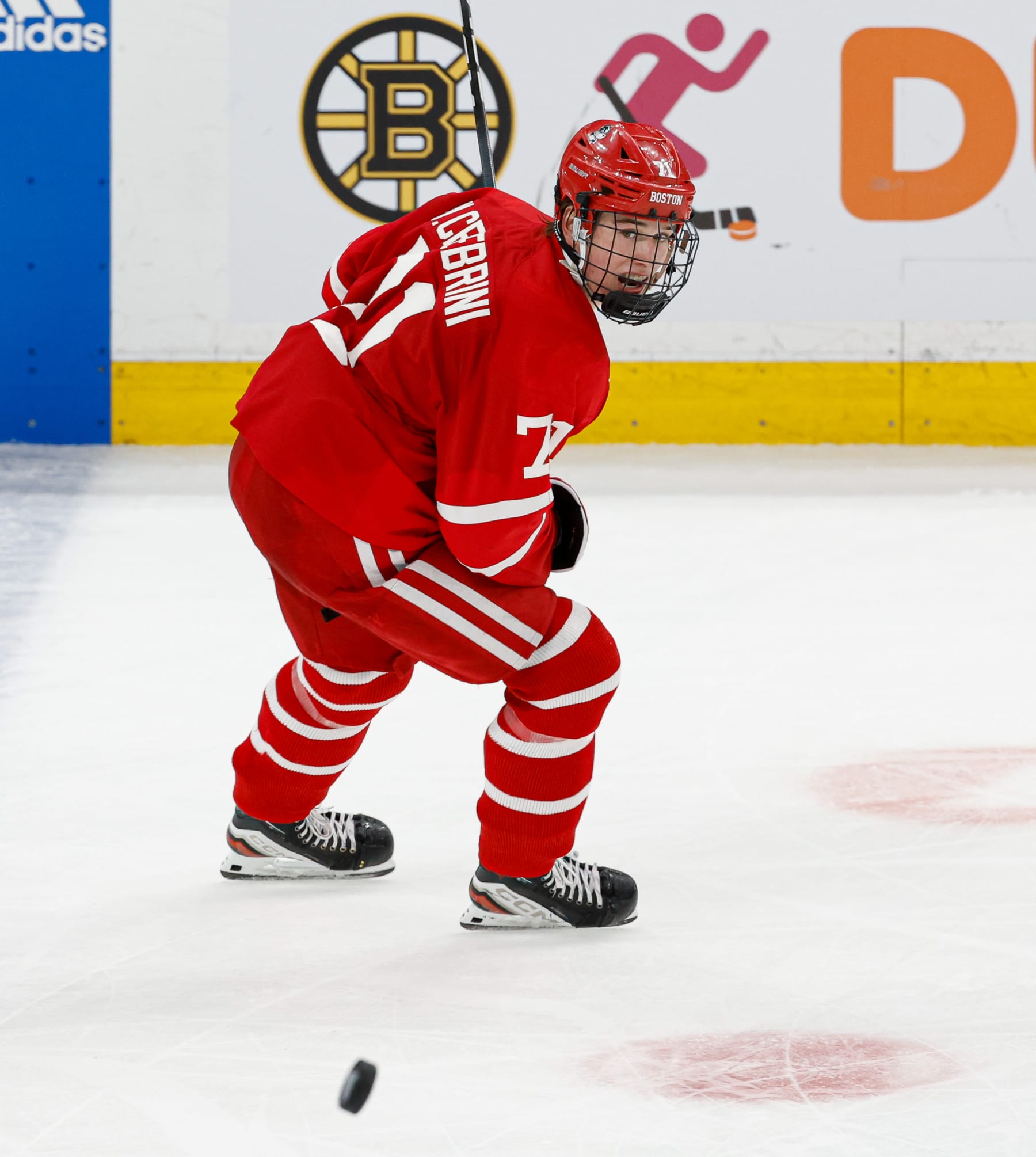 BOSTON, MASSACHUSETTS - MARCH 23: Macklin Celebrini #71 of the Boston University Terriers skates during the first period against the Boston College Eagles during NCAA men's hockey in the Hockey East Championship final at TD Garden on March 23, 2024 in Boston, Massachusetts. The Eagles won 6-2. (Photo by Richard T Gagnon/Getty Images)