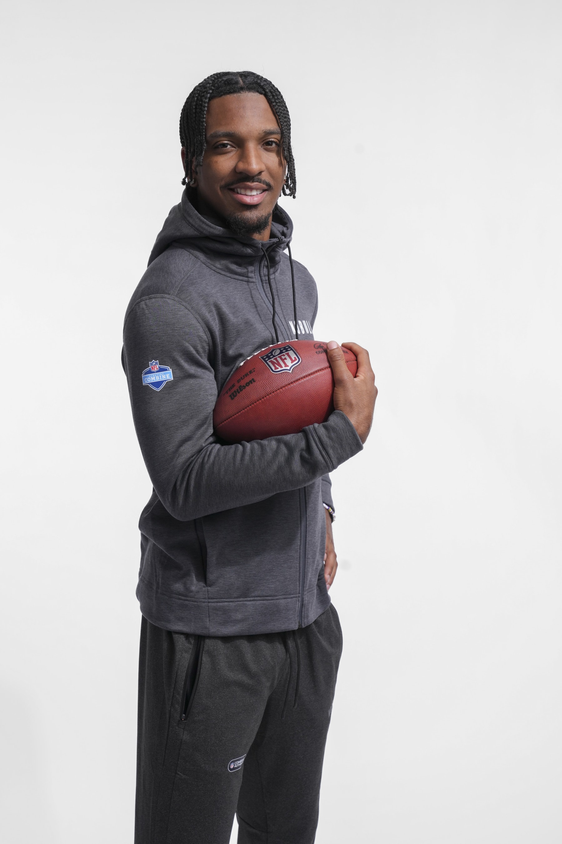 INDIANAPOLIS, INDIANA - FEBRUARY 29: Jayden Daniels #QB01 of LSU poses for portraits at the Indiana Convention Center on February 29, 2024 in Indianapolis, Indiana. (Photo by Todd Rosenberg/Getty Images)