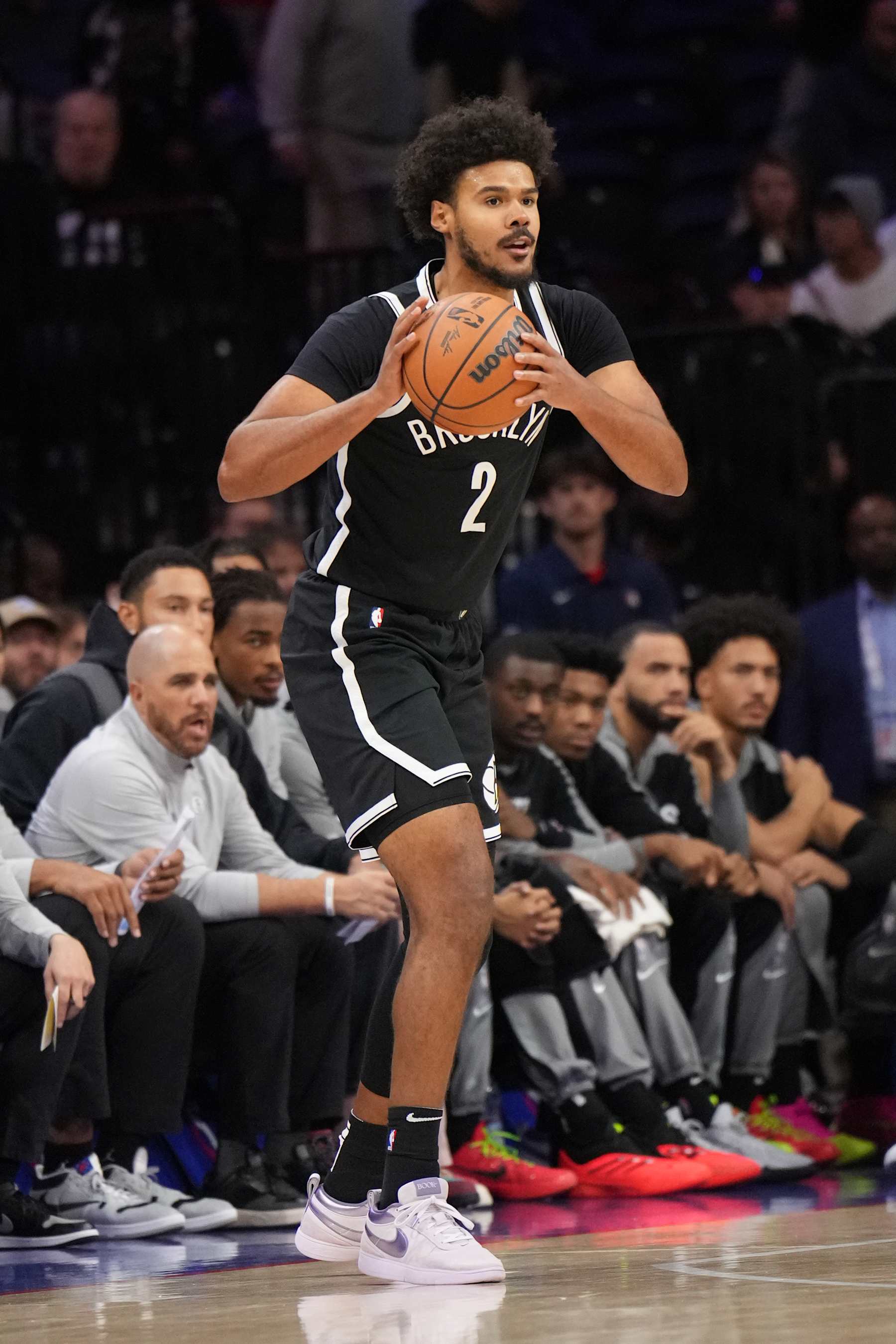 PHILADELPHIA, PA - OCTOBER 16: Cameron Johnson #2 of the Brooklyn Nets looks to pass the ball during the game against the Philadelphia 76ers during a NBA preseason game on October 16, 2024 at the Wells Fargo Center in Philadelphia, Pennsylvania NOTE TO USER: User expressly acknowledges and agrees that, by downloading and/or using this Photograph, user is consenting to the terms and conditions of the Getty Images License Agreement. Mandatory Copyright Notice: Copyright 2024 NBAE (Photo by Jesse D. Garrabrant/NBAE via Getty Images)