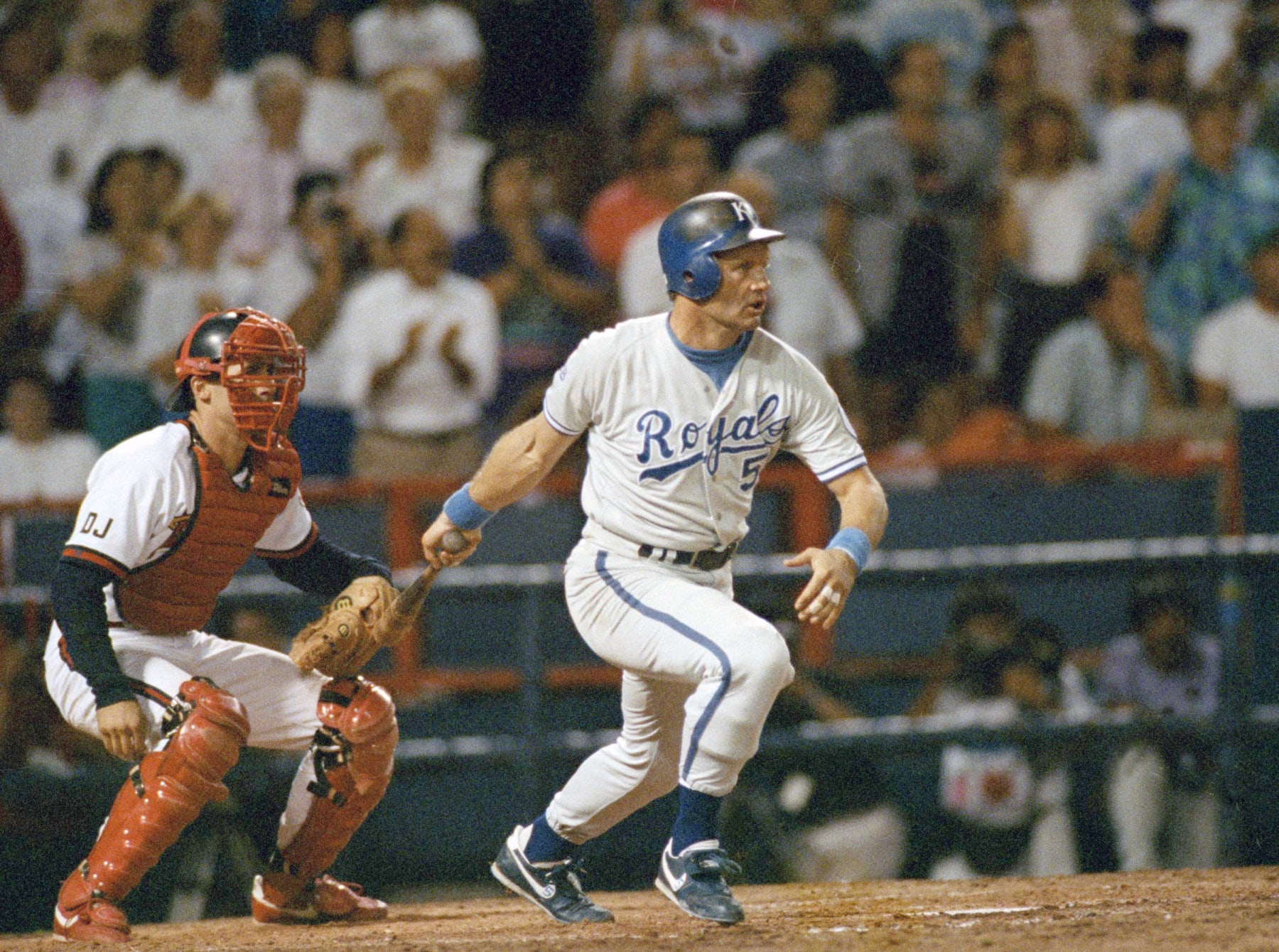 Kansas City Royals slugger George Brett looks at his 3,000th hit sail away during the seventh inning against the California Angels at Anaheim, Calif., Oct. 1, 1992. Brett, four shy of 3,000, hit four straight hits to reach the mark. (AP Photo/Mark J. Terrill)