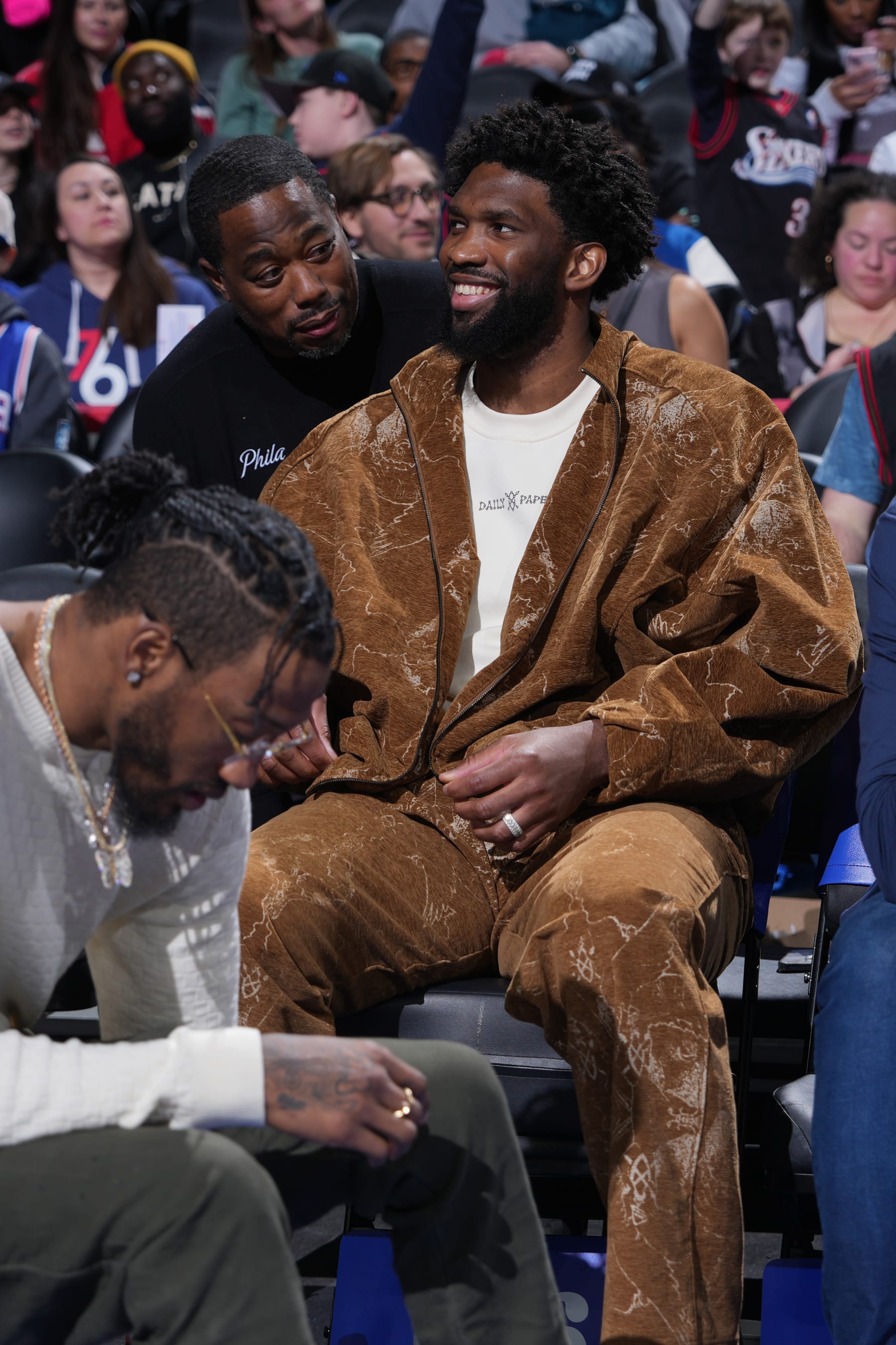PHILADELPHIA, PA - MARCH 8: Joel Embiid #21 of the Philadelphia 76ers looks on during the game against the New Orleans Pelicans on March 8, 2024 at the Wells Fargo Center in Philadelphia, Pennsylvania NOTE TO USER: User expressly acknowledges and agrees that, by downloading and/or using this Photograph, user is consenting to the terms and conditions of the Getty Images License Agreement. Mandatory Copyright Notice: Copyright 2024 NBAE (Photo by Jesse D. Garrabrant/NBAE via Getty Images)