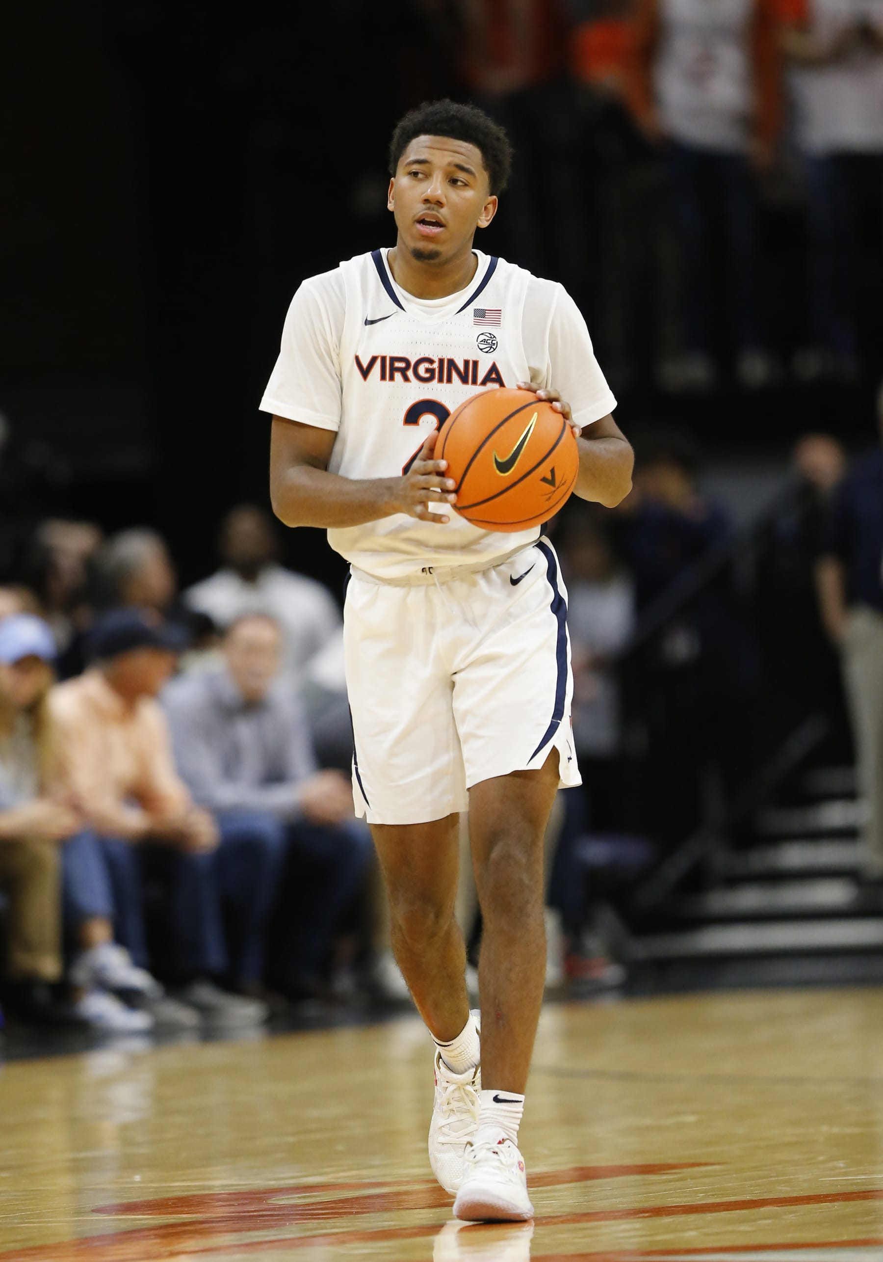CHARLOTTESVILLE, VA - FEBRUARY 24: Virginia Cavaliers guard Reece Beekman (2) dribbles the ball up the court during a men's college basketball game between the North Carolina Tar Heels and the Virginia Cavaliers on February 24, 2024, at John Paul Jones Arena in Charlottesville, VA. (Photo by Lee Coleman/Icon Sportswire via Getty Images)