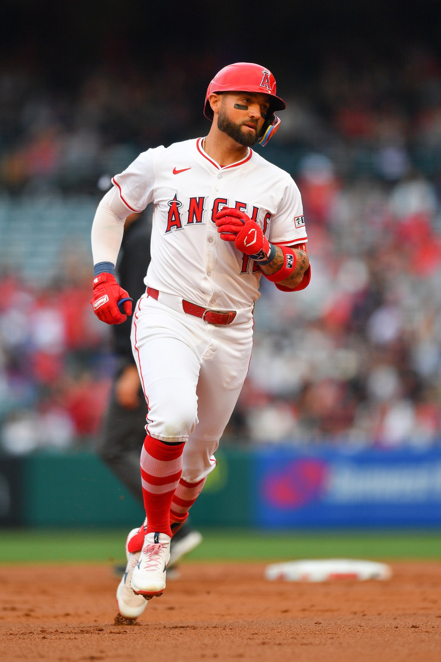 ANAHEIM, CA - JUNE 07: Los Angeles Angels center fielder Kevin Pillar (12) circles the bases after hitting a solo home run during the MLB game between the Houston Astros and the Los Angeles Angels of Anaheim on June 7, 2024 at Angel Stadium of Anaheim in Anaheim, CA. (Photo by Brian Rothmuller/Icon Sportswire via Getty Images)