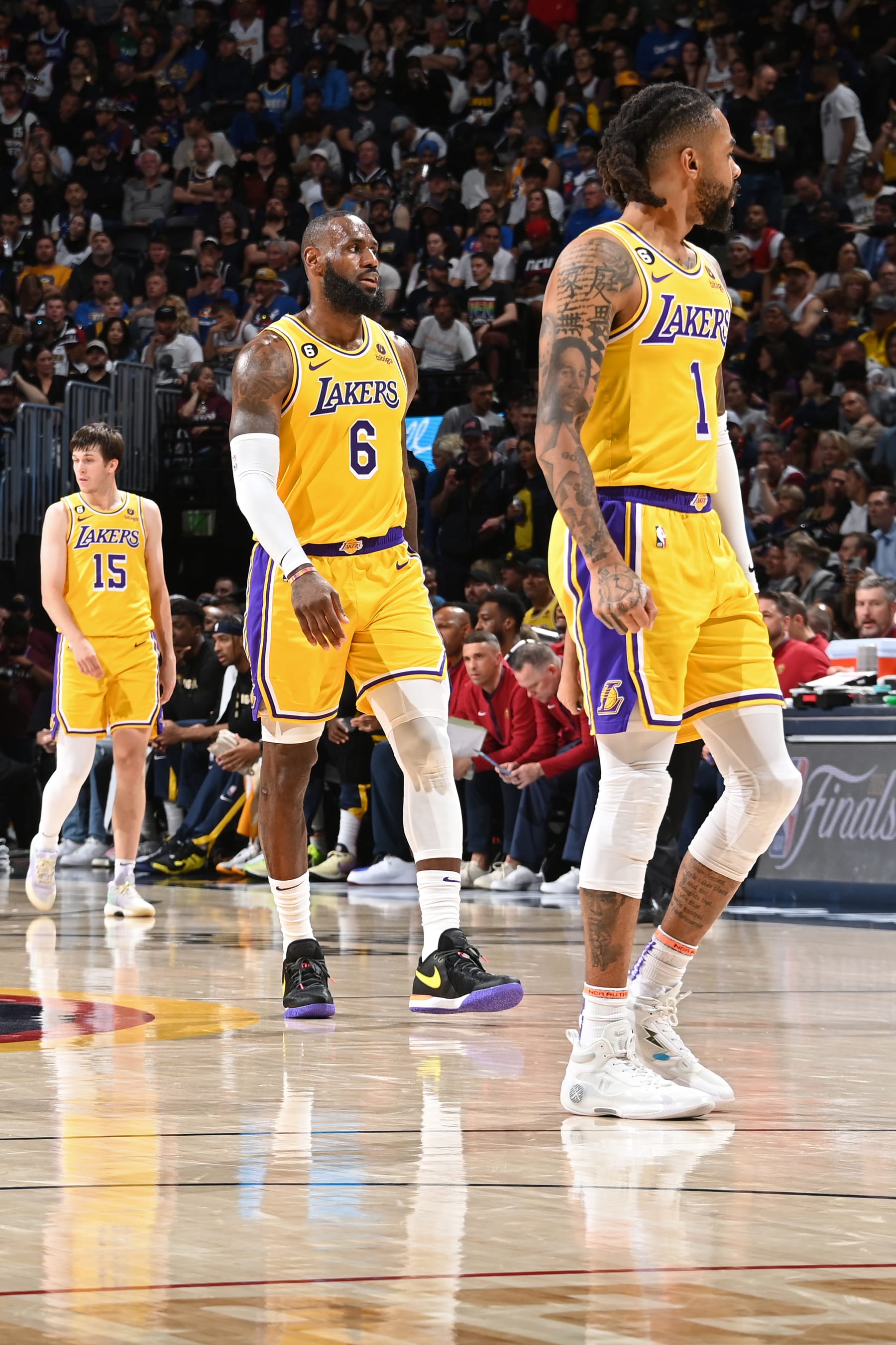 DENVER, CO - MAY 18: LeBron James #6 of the Los Angeles Lakers looks on during Game 2 of the Western Conference Finals 2023 NBA Playoffs on May 18, 2023 at the Ball Arena in Denver, Colorado. NOTE TO USER: User expressly acknowledges and agrees that, by downloading and/or using this Photograph, user is consenting to the terms and conditions of the Getty Images License Agreement. Mandatory Copyright Notice: Copyright 2023 NBAE (Photo by Andrew D. Bernstein/NBAE via Getty Images)