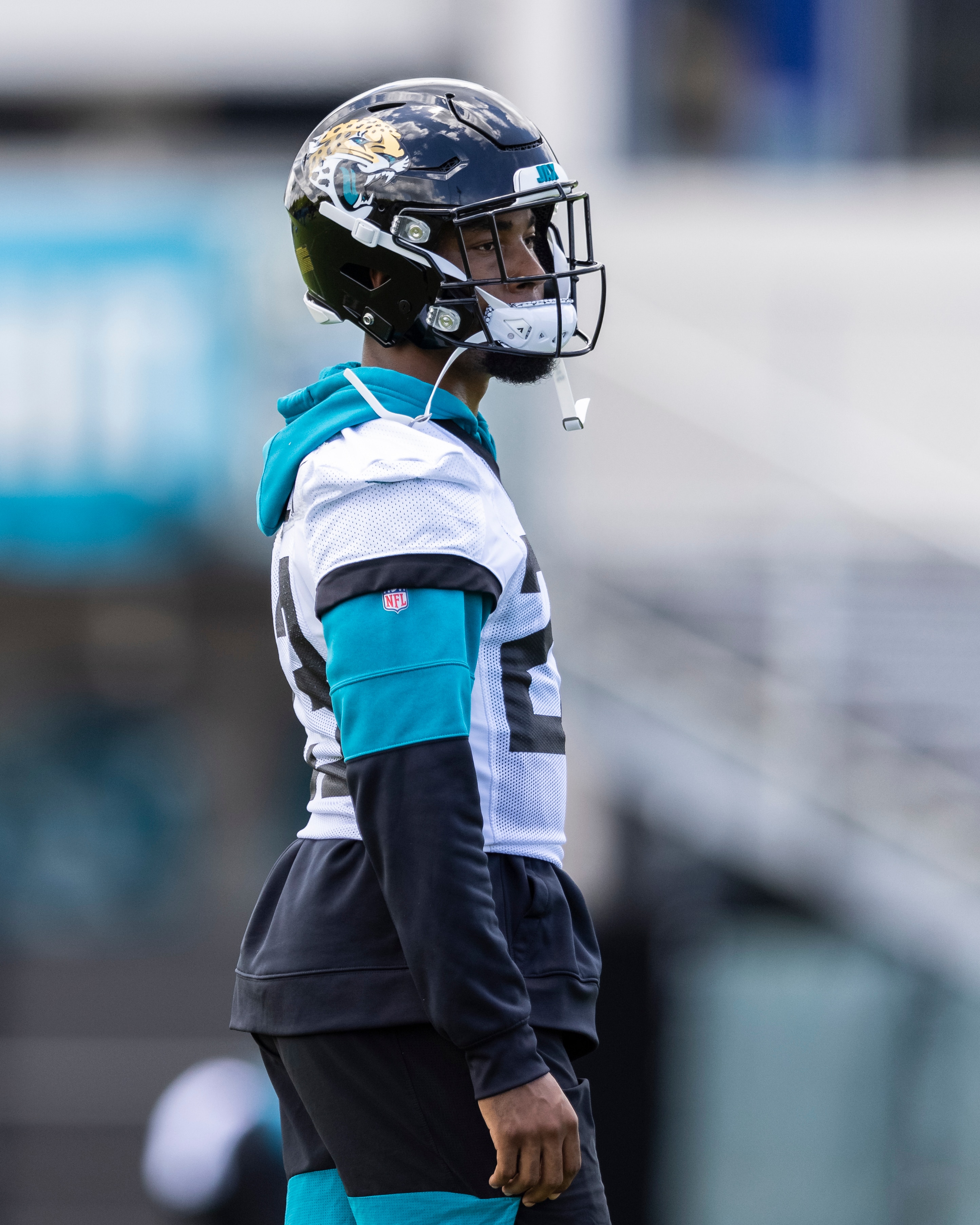 JACKSONVILLE, FLORIDA - JUNE 08: CJ Henderson #23 of the Jacksonville Jaguars looks on during Jacksonville Jaguars Training Camp at TIAA Bank Field on June 08, 2021 in Jacksonville, Florida. (Photo by James Gilbert/Getty Images)