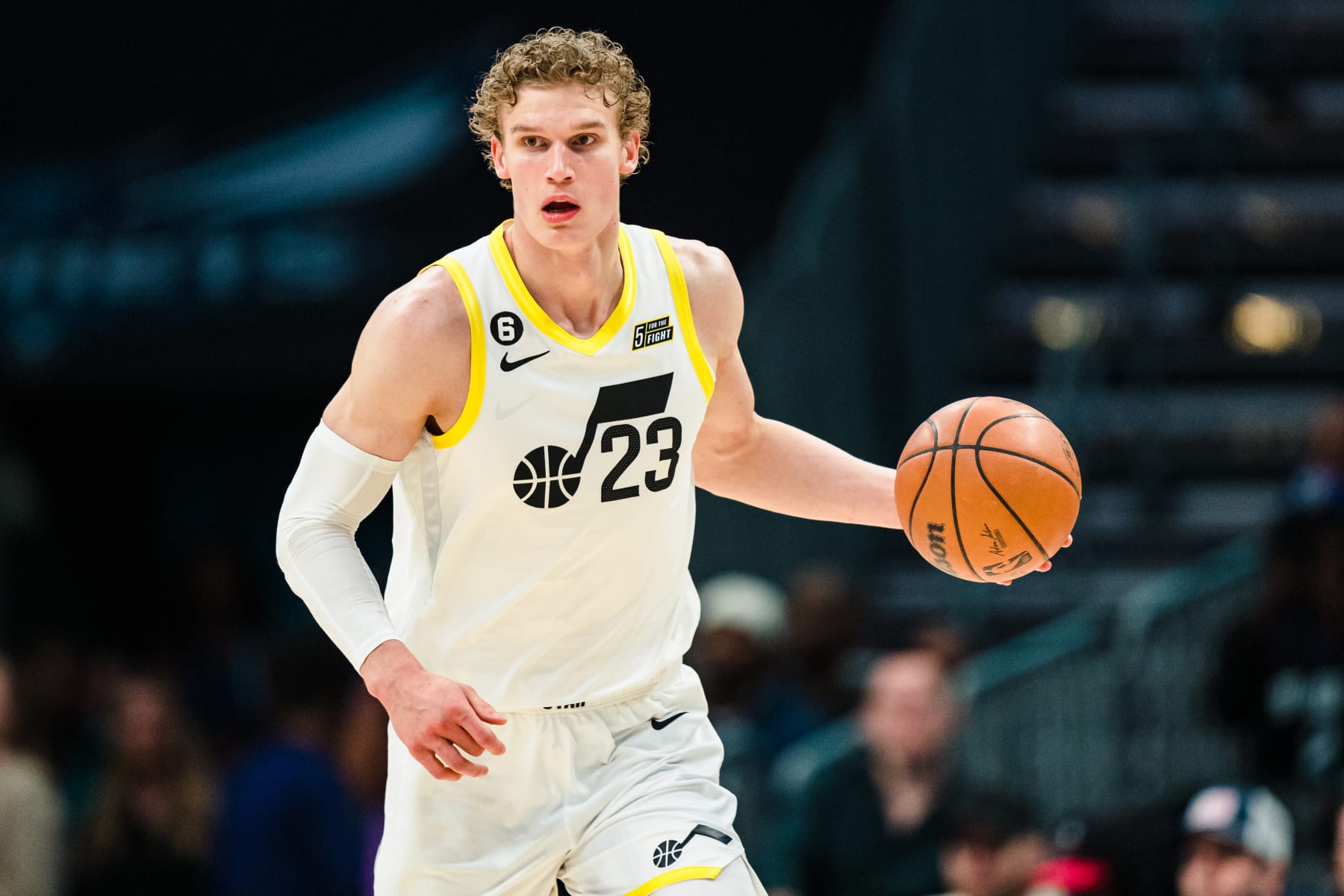 CHARLOTTE, NORTH CAROLINA - MARCH 11: Lauri Markkanen #23 of the Utah Jazz brings the ball up court in the first quarter during their game against the Charlotte Hornets at Spectrum Center on March 11, 2023 in Charlotte, North Carolina. NOTE TO USER: User expressly acknowledges and agrees that, by downloading and or using this photograph, User is consenting to the terms and conditions of the Getty Images License Agreement. (Photo by Jacob Kupferman/Getty Images)