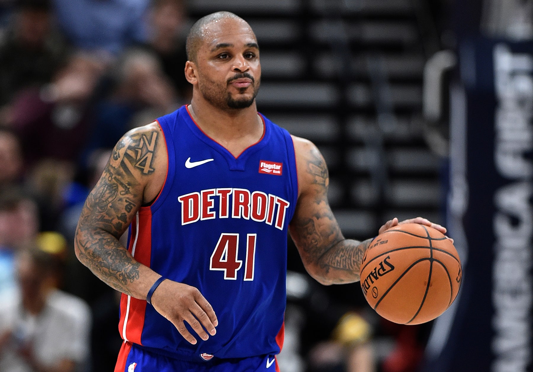 SALT LAKE CITY, UT - MARCH 13: Jameer Nelson #41 of the Detroit Pistons brings the ball up court against the Utah Jazz in the second half of a game at Vivint Smart Home Arena on March 13, 2018 in Salt Lake City, Utah. The Utah Jazz beat the Detroit Pistons 110-79. NOTE TO USER: User expressly acknowledges and agrees that, by downloading and or using this photograph, User is consenting to the terms and conditions of the Getty Images License Agreement. (Photo by Gene Sweeney Jr./Getty Images)