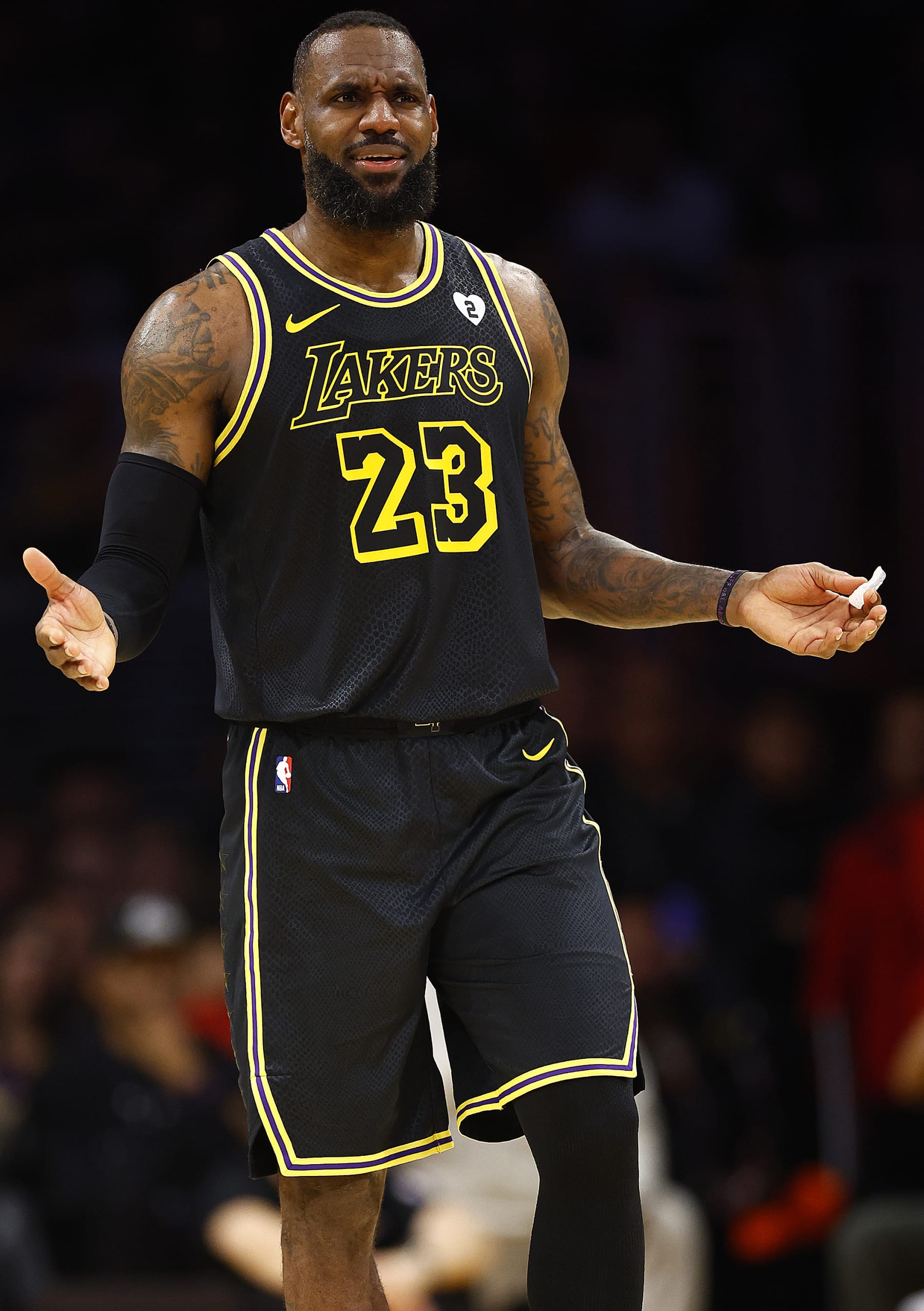 LOS ANGELES, CALIFORNIA - FEBRUARY 08:  LeBron James #23 of the Los Angeles Lakers at Crypto.com Arena on February 08, 2024 in Los Angeles, California.  NOTE TO USER: User expressly acknowledges and agrees that, by downloading and/or using this photograph, user is consenting to the terms and conditions of the Getty Images License Agreement.  (Photo by Ronald Martinez/Getty Images)