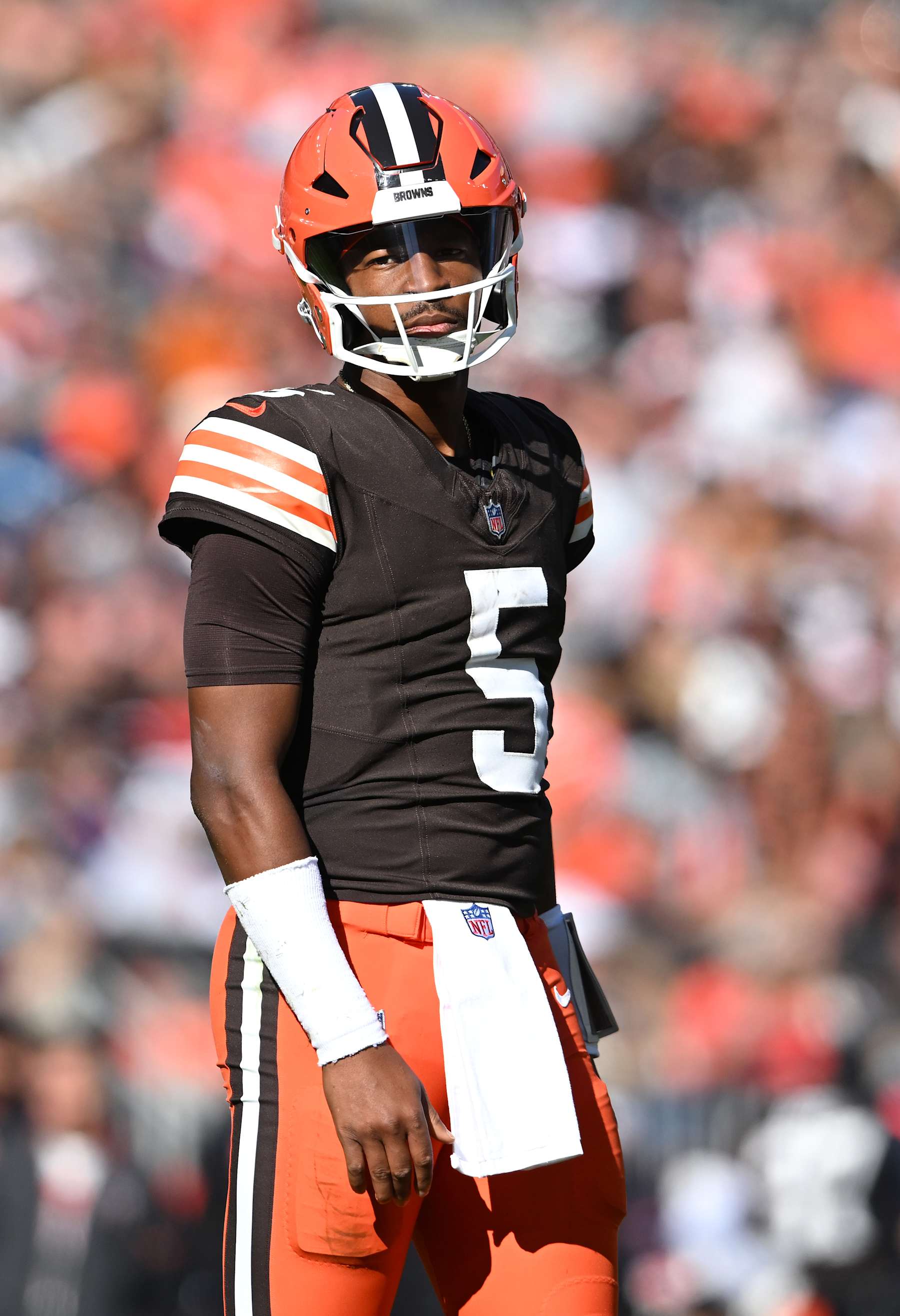 CLEVELAND, OHIO - OCTOBER 27: Jameis Winston #5 of the Cleveland Browns looks on in the third quarter of a game against the Baltimore Ravens at Huntington Bank Stadium on October 27, 2024 in Cleveland, Ohio. (Photo by Nick Cammett/Getty Images)