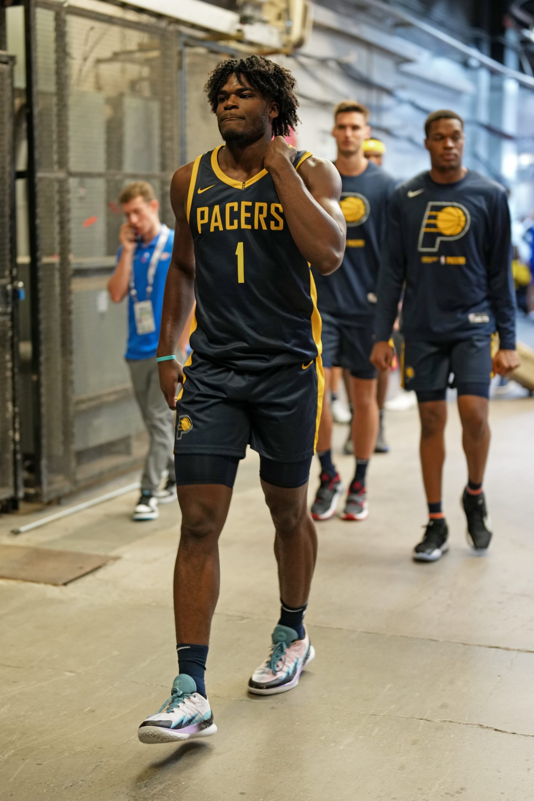 LAS VEGAS, NV - JULY 8: Jarace Walker #1 of the Indiana Pacers looks on during 2023 NBA Las Vegas Summer League on July 8, 2023 at the Thomas & Mack Center in Las Vegas, Nevada. NOTE TO USER: User expressly acknowledges and agrees that, by downloading and or using this photograph, User is consenting to the terms and conditions of the Getty Images License Agreement. Mandatory Copyright Notice: Copyright 2023 NBAE (Photo by Ryan Stetz/NBAE via Getty Images)
