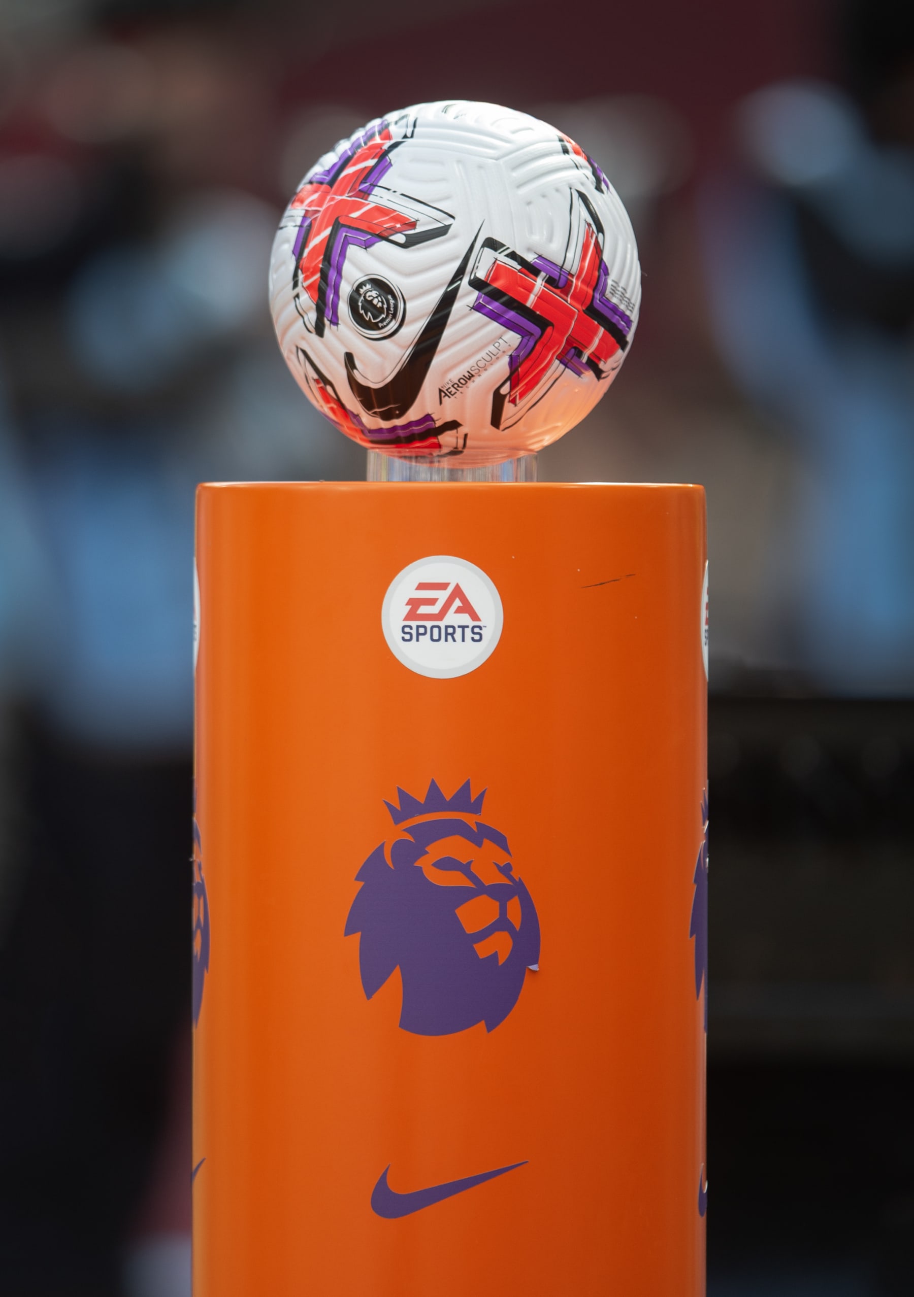 LONDON, ENGLAND - APRIL 02:  The official match ball by Nike is seen on a plinth prior to the Premier League match between West Ham United and Southampton FC at London Stadium on April 02, 2023 in London, England. (Photo by Visionhaus/Getty Images)