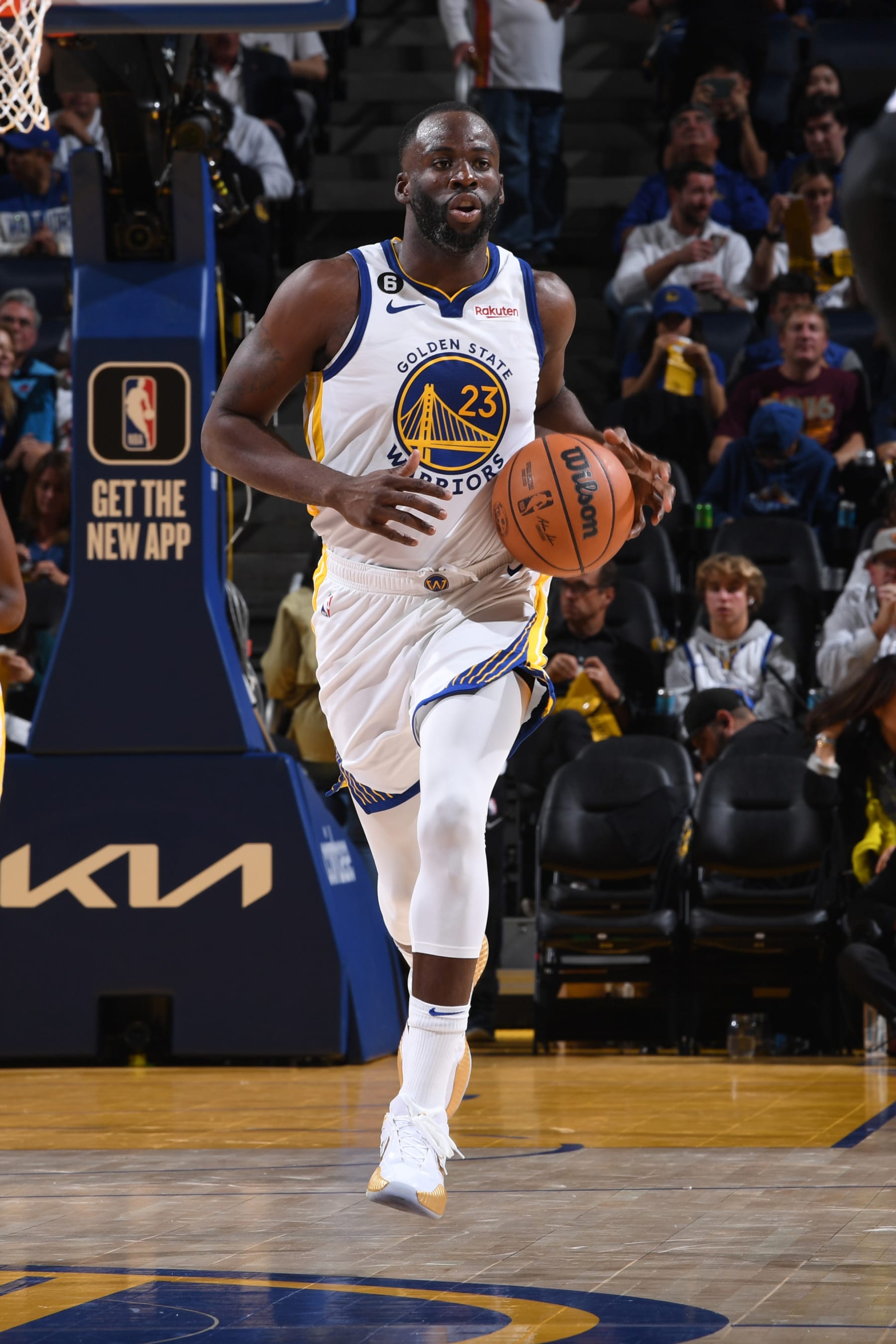 SAN FRANCISCO, CA - OCTOBER 18: Draymond Green #23 of the Golden State Warriors dribbles the ball during the game against the Los Angeles Lakers on October 18, 2022 at Chase Center in San Francisco, California. NOTE TO USER: User expressly acknowledges and agrees that, by downloading and or using this photograph, user is consenting to the terms and conditions of Getty Images License Agreement. Mandatory Copyright Notice: Copyright 2022 NBAE (Photo by Noah Graham/NBAE via Getty Images)