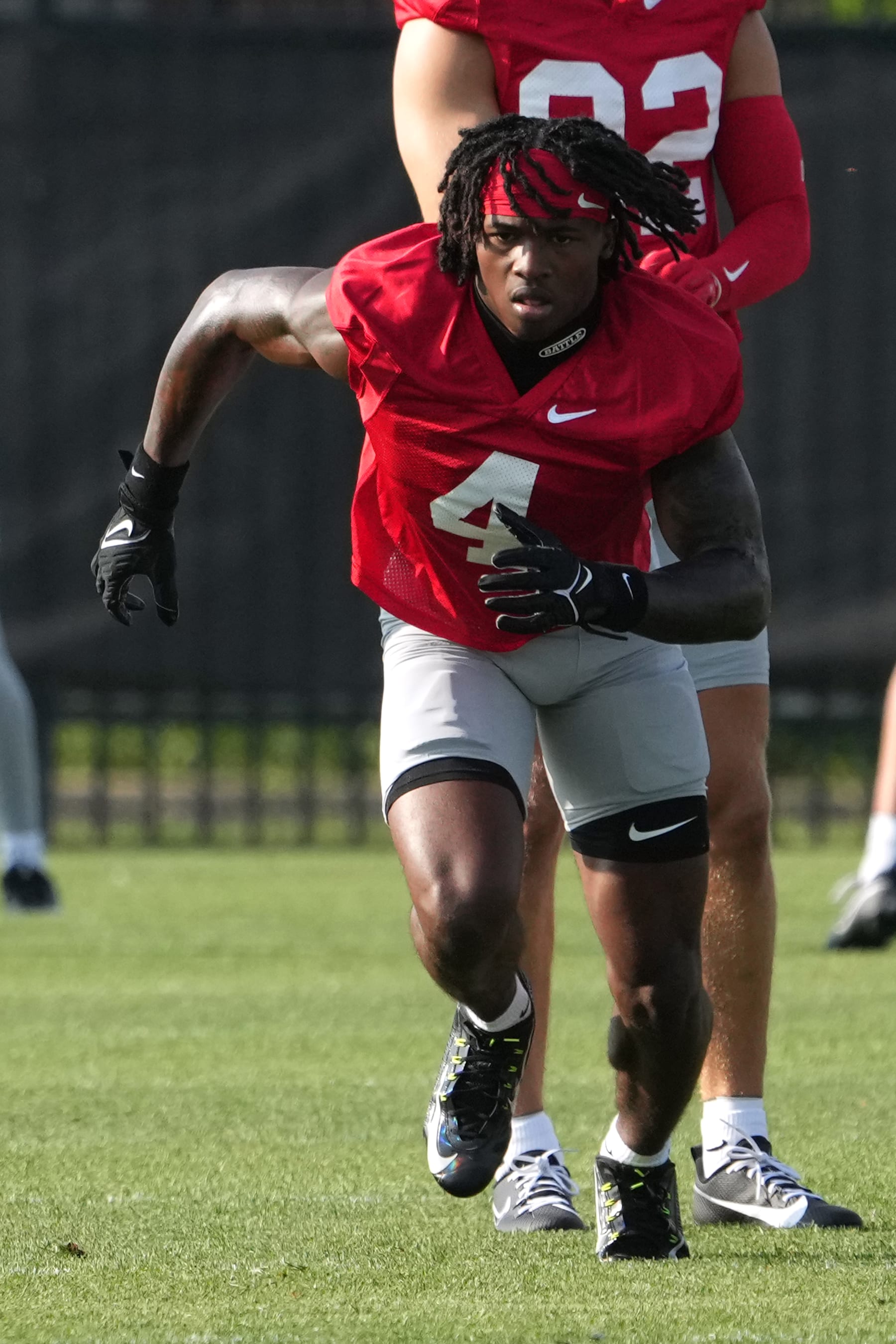 COLUMBUS, OHIO - AUGUST 01: Jeremiah Smith #4 of the Ohio State Buckeyes runs a route during fall camp the Woody Hayes Athletic Center on August 01, 2024 in Columbus, Ohio. (Photo by Jason Mowry/Getty Images)