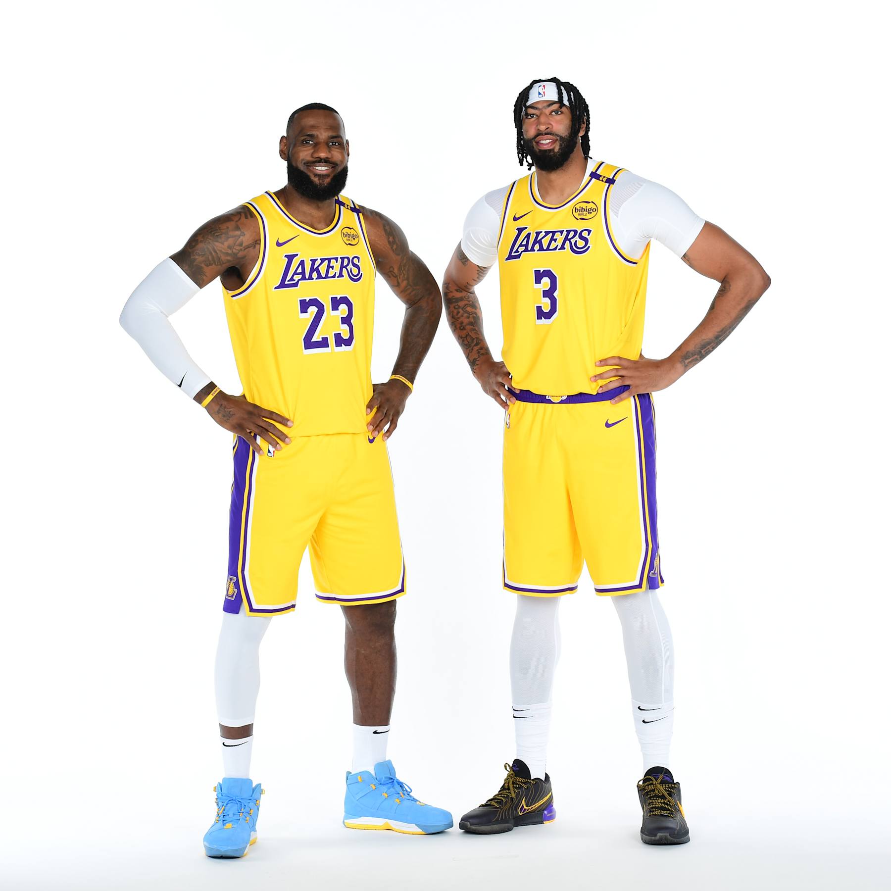 EL SEGUNDO, CA - SEPTEMBER 30: LeBron James #23 and Anthony Davis #3 of the Los Angeles Lakers pose for a portrait during NBA Media Day on September 30, 2024 at UCLA Health Training Center in El Segundo, California. NOTE TO USER: User expressly acknowledges and agrees that, by downloading and or using this photograph, User is consenting to the terms and conditions of the Getty Images License Agreement. Mandatory Copyright Notice: Copyright 2024 NBAE (Photo by Adam Pantozzi/NBAE via Getty Images)