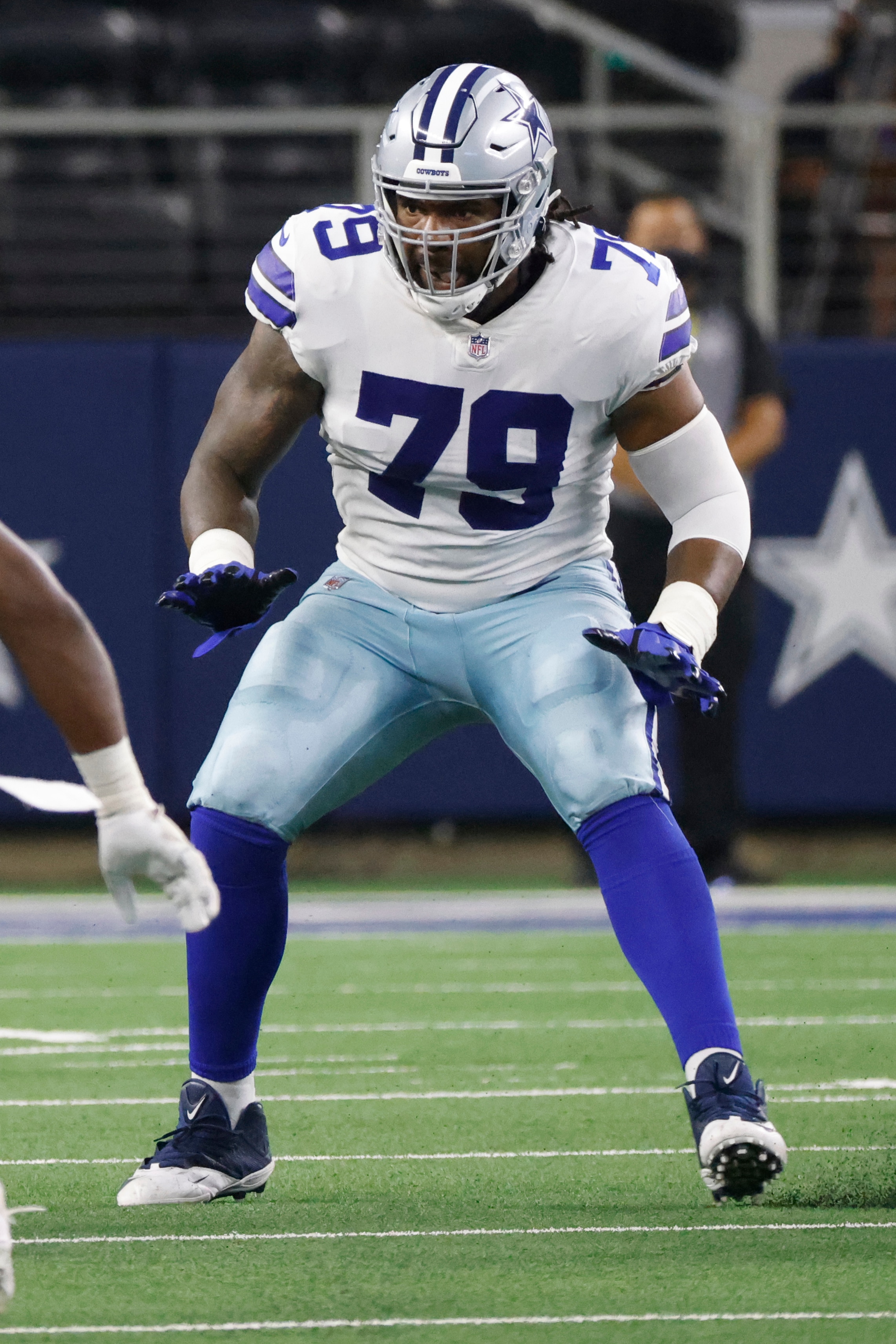 Dallas Cowboys offensive tackle Ty Nsekhe (79) plays against the Houston Texans during the first half of a preseason NFL football game in Arlington, Texas, Saturday, Aug. 21, 2021. (AP Photo/Ron Jenkins)