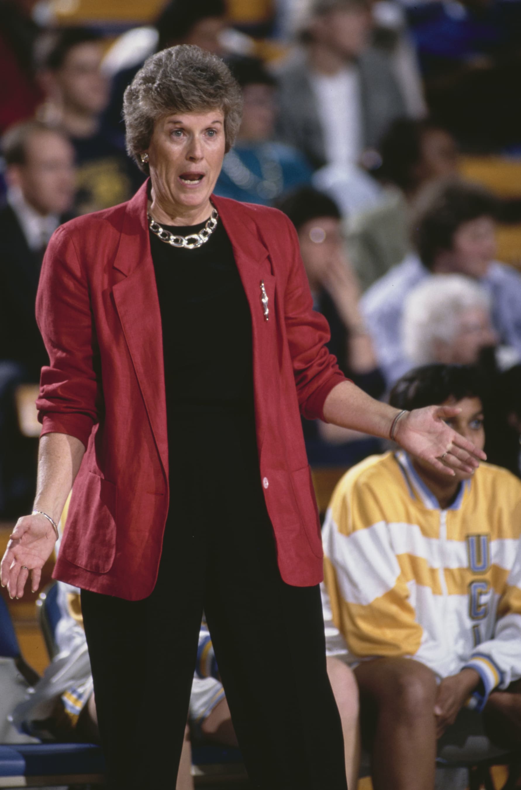 Billie Moore, Head Coach for the University of California, Los Angeles UCLA Bruins during the NCAA Pac-10 Conference college basketball game against the Washington State Cougars on 3rd March 1991 at the Pauley Pavilion, Westwood, California, United States.   (Photo by Gary Newkirk/Allsport/Getty Images)