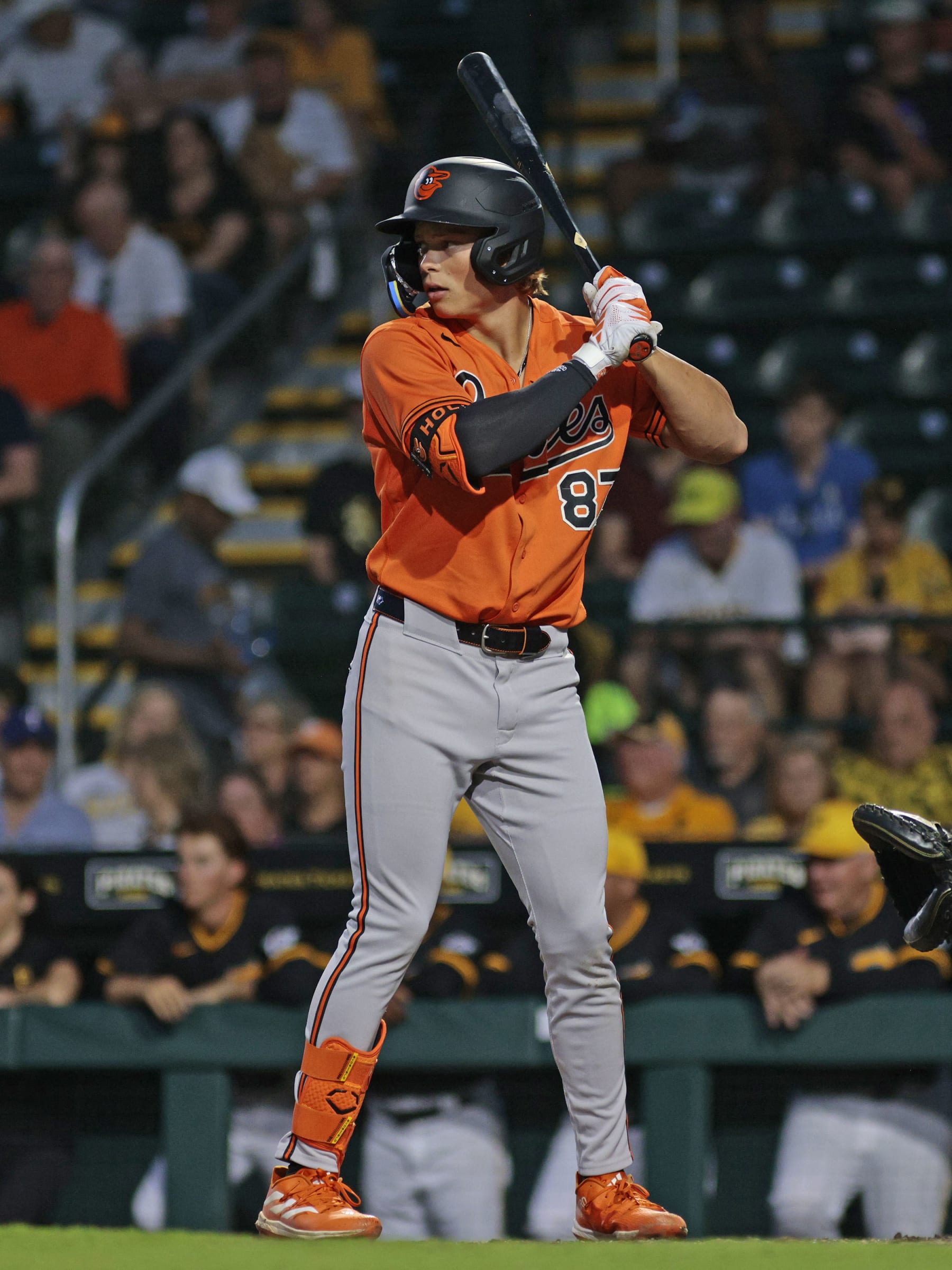 BRADENTON, FLORIDA - MARCH 14: Jackson Holliday #87 of the Baltimore Orioles in action during a spring training game against the Pittsburgh Pirates at LECOM Park on March 14, 2024 in Bradenton, Florida. (Photo by Christopher Pasatieri/Getty Images)