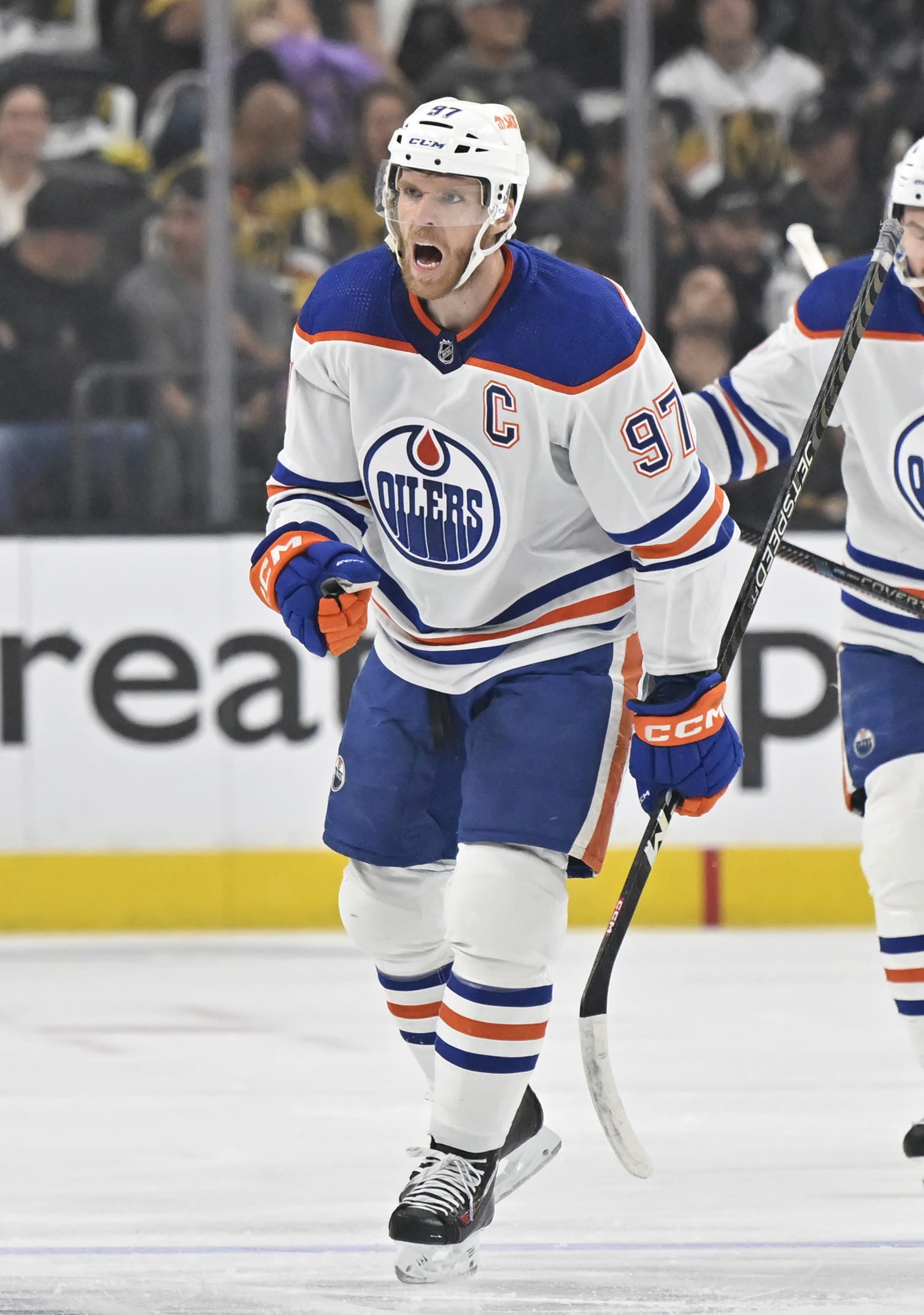 LAS VEGAS, NEVADA - MAY 12: Connor McDavid #97 of the Edmonton Oilers celebrates after scoring a goal during the first period against the Vegas Golden Knights in Game Five of the Second Round of the 2023 Stanley Cup Playoffs at T-Mobile Arena on May 12, 2023 in Las Vegas, Nevada. (Photo by David Becker/NHLI via Getty Images)