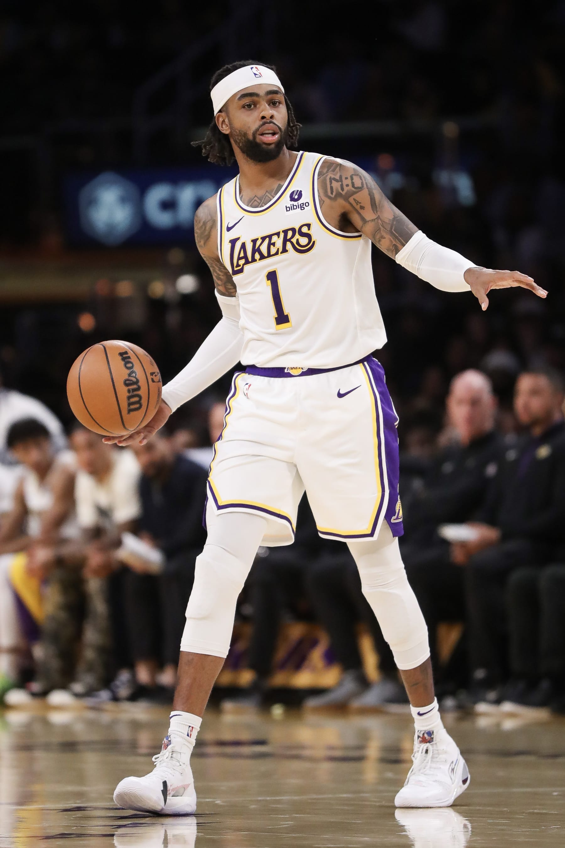 LOS ANGELES, CALIFORNIA - NOVEMBER 12: D'Angelo Russell #1 of the Los Angeles Lakers handles the ball in the second half against the Portland Trail Blazers at Crypto.com Arena on November 12, 2023 in Los Angeles, California. NOTE TO USER: User expressly acknowledges and agrees that, by downloading and or using this photograph, User is consenting to the terms and conditions of the Getty Images License Agreement. (Photo by Meg Oliphant/Getty Images)