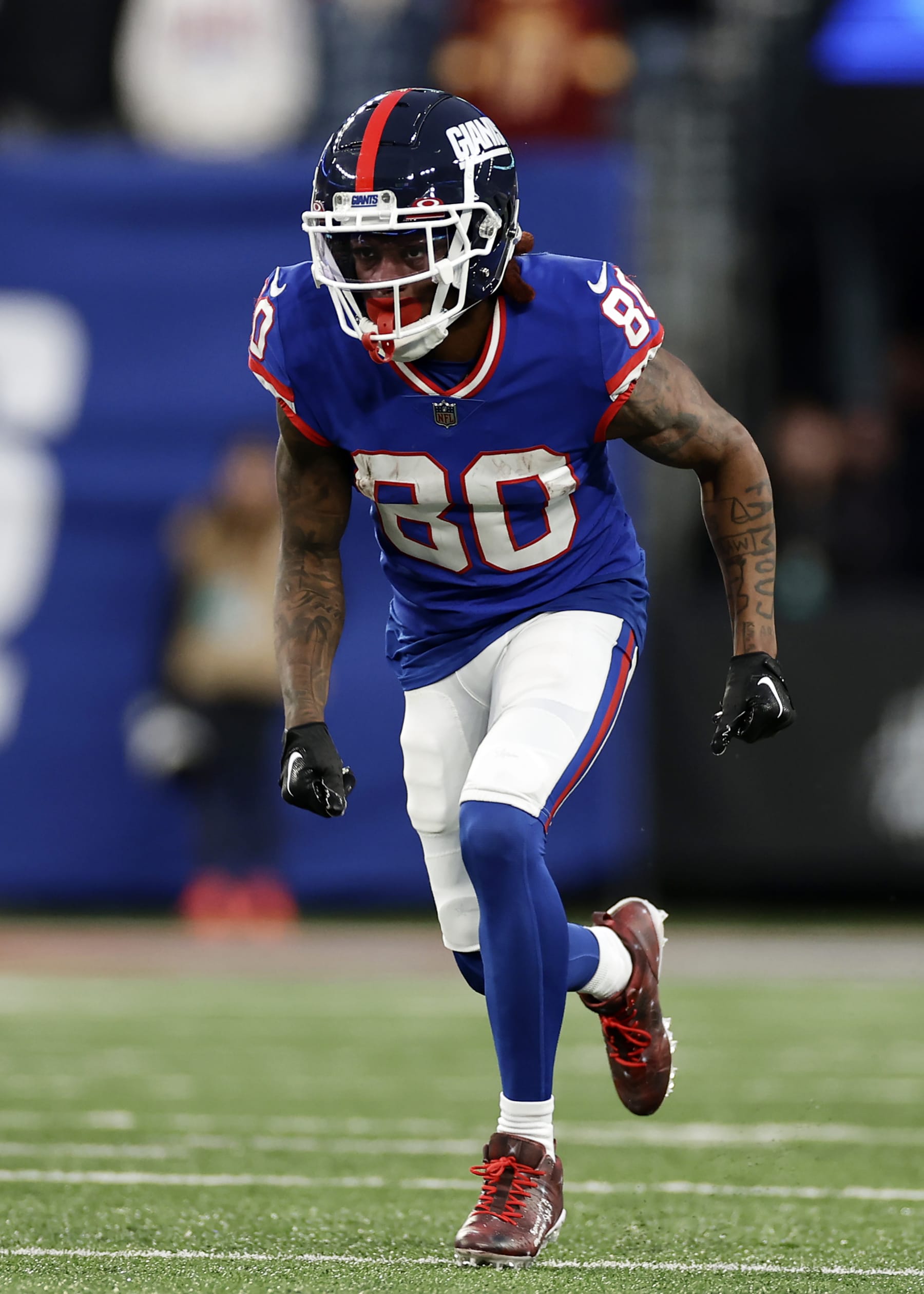New York Giants wide receiver Richie James (80) runs against the Washington Commanders during an NFL football game Sunday, Dec. 4, 2022, in East Rutherford, N.J. (AP Photo/Adam Hunger) New York Giants wide receiver Richie James (80) runs against the Washington Commanders during an NFL football game Sunday, Dec. 4, 2022, in East Rutherford, N.J. (AP Photo/Adam Hunger)