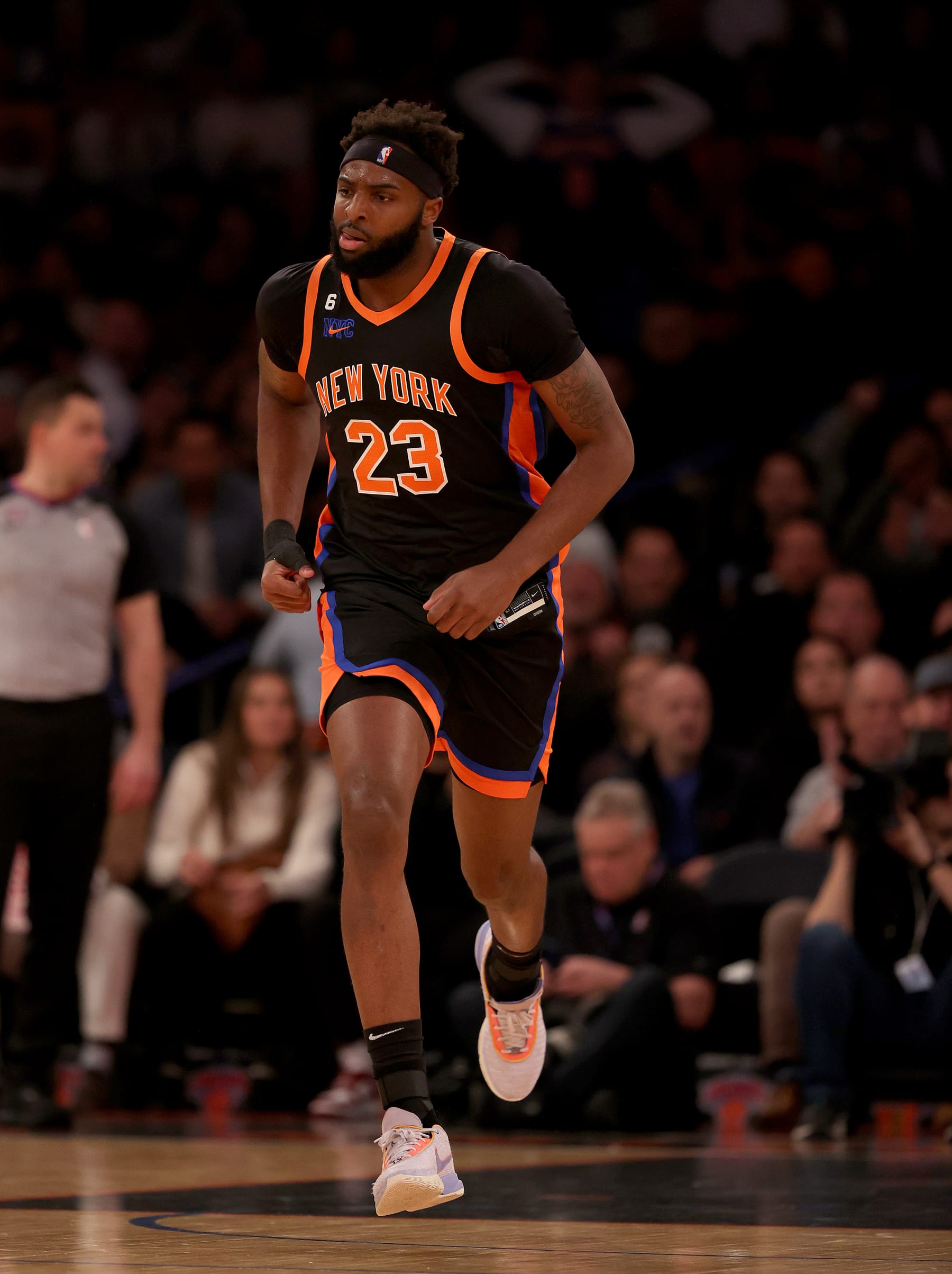 NEW YORK, NEW YORK - MARCH 01: Mitchell Robinson #23 of the New York Knicks reacts after his dunk during the first half against the Brooklyn Nets at Madison Square Garden on March 01, 2023 in New York City. NOTE TO USER: User expressly acknowledges and agrees that, by downloading and or using this photograph, User is consenting to the terms and conditions of the Getty Images License Agreement. (Photo by Elsa/Getty Images)