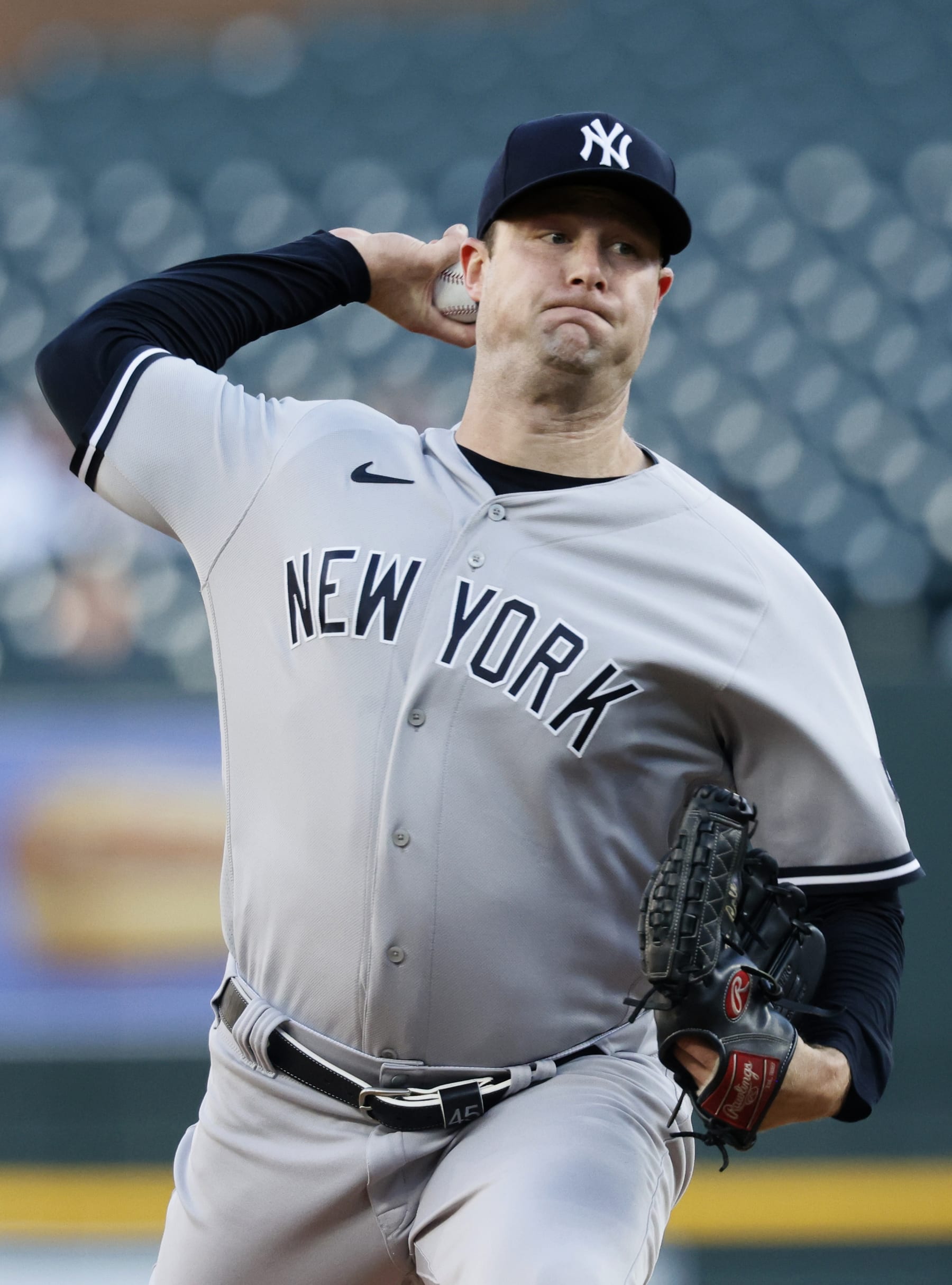 DETROIT, MI - AUGUST 30: Gerrit Cole #45 of the New York Yankees pitches against the Detroit Tigers during the first inning at Comerica Park on August 30, 2023 in Detroit, Michigan. (Photo by Duane Burleson/Getty Images)