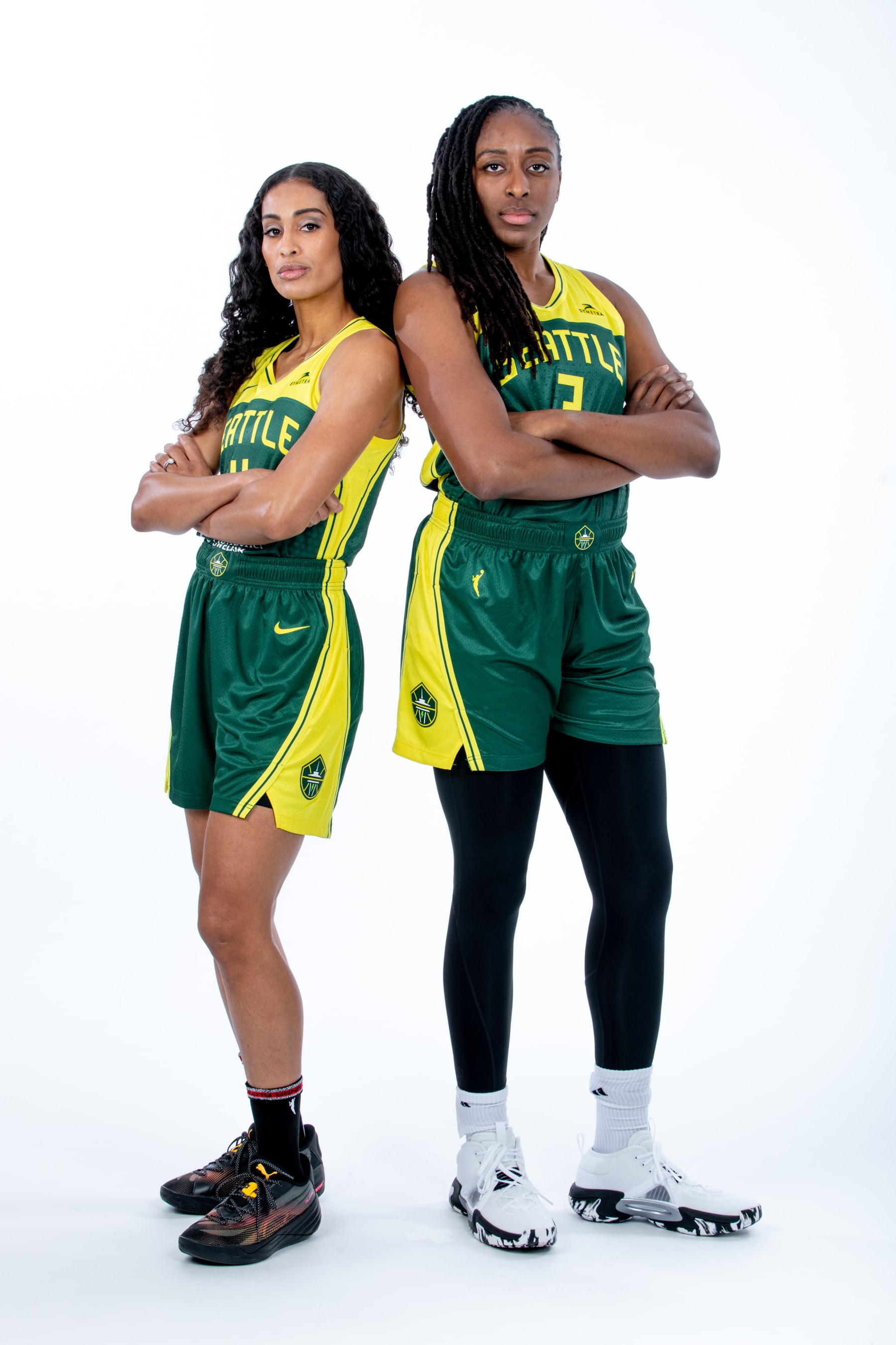 SEATTLE, WA - APRIL 30: Skylar Diggins-Smith #4 and Nneka Ogwumike #3 of the Seattle Storm pose for a portrait during WNBA Media Day at Center for Basketball Performance practice facility on April 30, 2024 in Seattle, Washington. NOTE TO USER: User expressly acknowledges and agrees that, by downloading and or using this photograph, User is consenting to the terms and conditions of the Getty Images License Agreement. (Photo by Scott Eklund/NBAE via Getty Images)