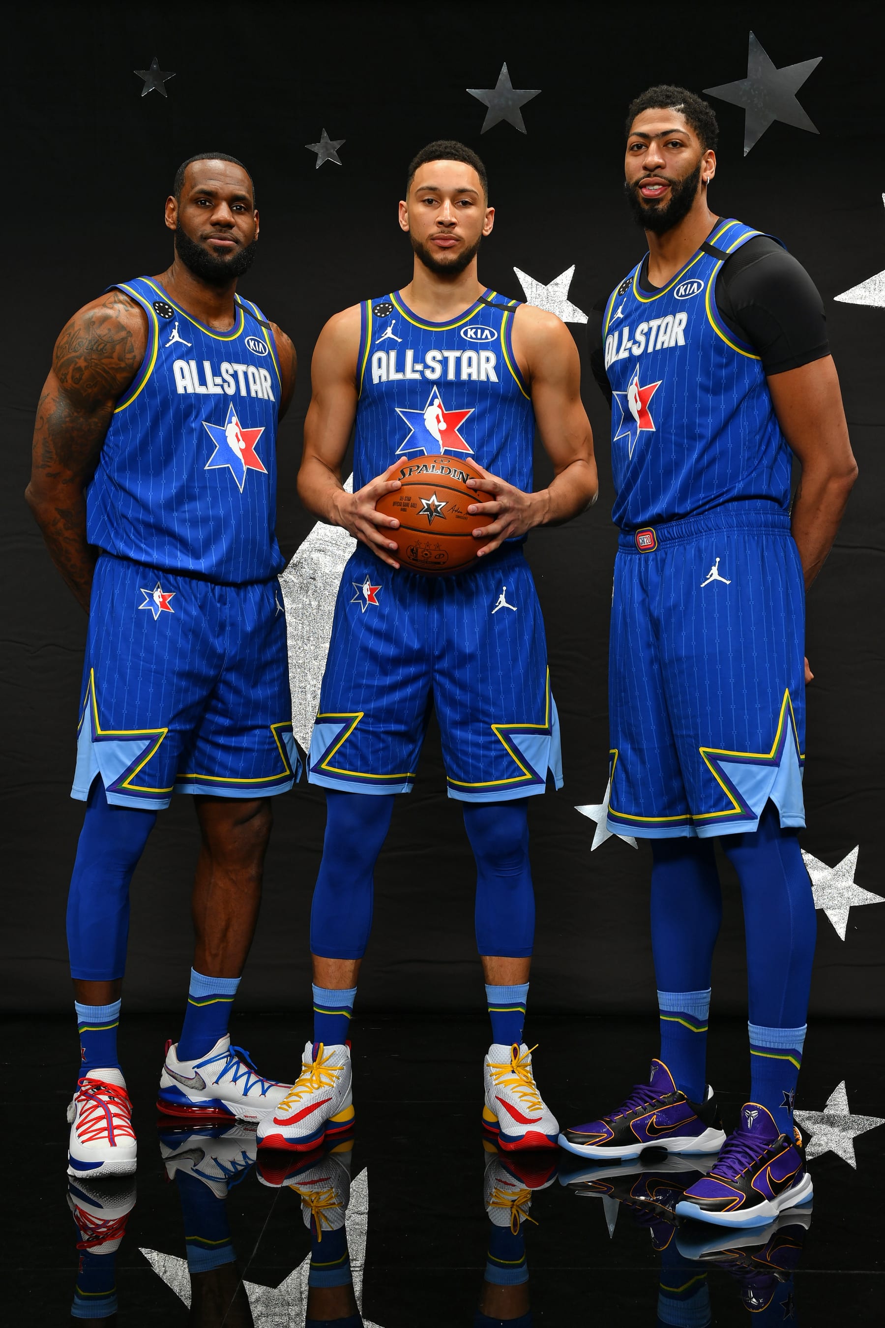 CHICAGO, IL - FEBRUARY 16: LeBron James #2, Ben Simmons #2 and Anthony Davis #2 of Team LeBron pose for a portrait before the 69th NBA All-Star Game on February 16, 2020 at the United Center in Chicago, Illinois. NOTE TO USER: User expressly acknowledges and agrees that, by downloading and or using this photograph, User is consenting to the terms and conditions of the Getty Images License Agreement. Mandatory Copyright Notice: Copyright 2020 NBAE (Photo by Jesse D. Garrabrant/NBAE via Getty Images)