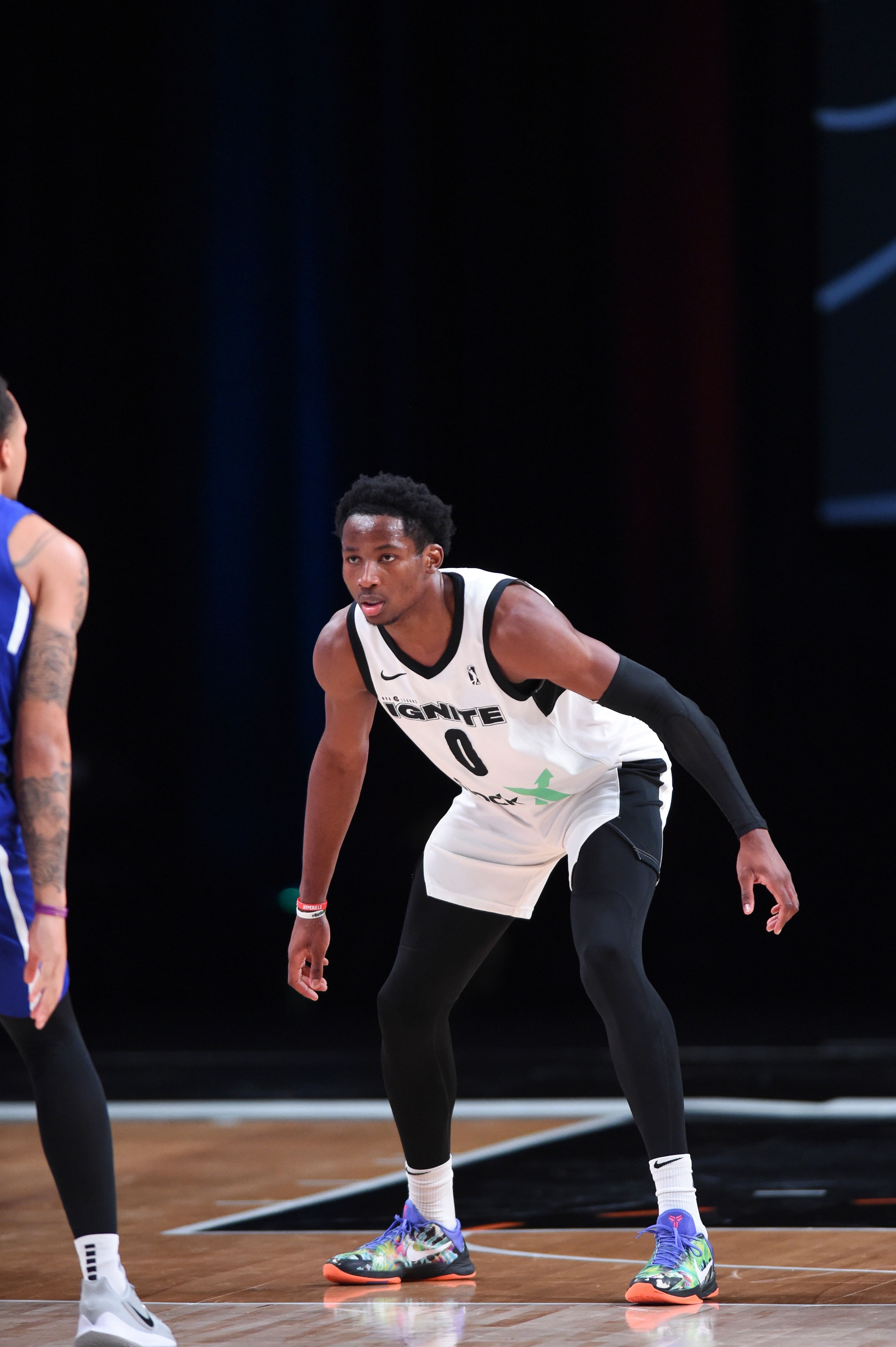 ORLANDO, FL - MARCH 1: Jonathan Kuminga #0 of Team Ignite plays defense during the game against the Delaware Blue Coats on March 1, 2021 at AdventHealth Arena in Orlando, Florida. NOTE TO USER: User expressly acknowledges and agrees that, by downloading and/or using this photograph, user is consenting to the terms and conditions of the Getty Images License Agreement. Mandatory Copyright Notice: Copyright 2021 NBAE (Photo by Juan Ocampo/NBAE via Getty Images)