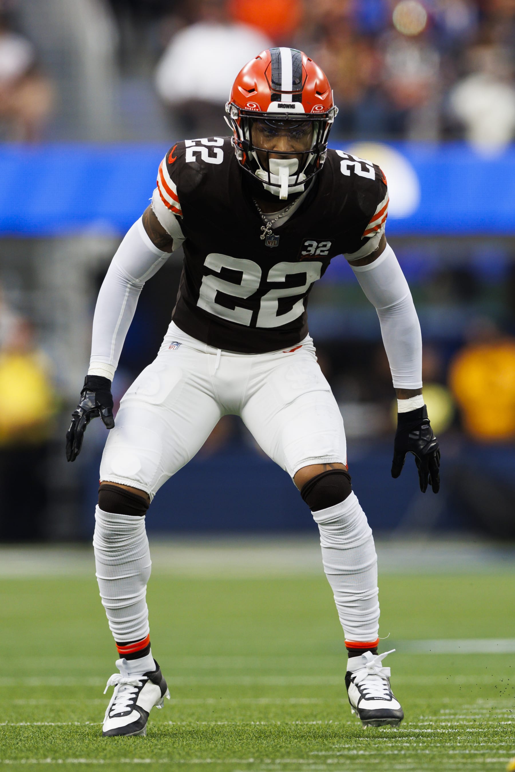 INGLEWOOD, CALIFORNIA - DECEMBER 03: Grant Delpit #22 of the Cleveland Browns defends in coverage during a game against the Los Angeles Rams at SoFi Stadium on December 03, 2023 in Inglewood, California. (Photo by Ric Tapia/Getty Images)