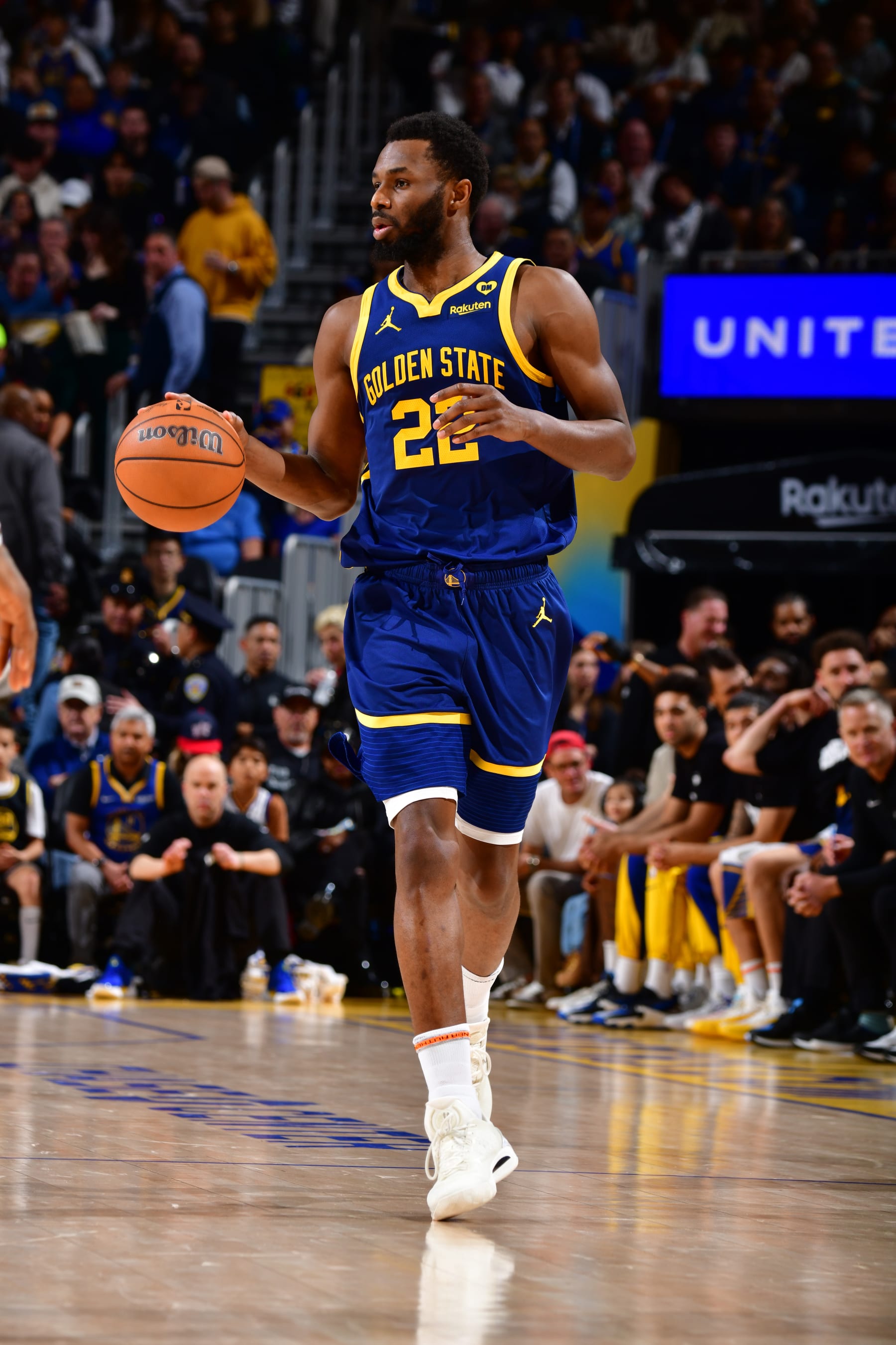 SAN FRANCISCO, CA - JANUARY 27:  Andrew Wiggins #22 of the Golden State Warriors handles the ball during the game against the Los Angeles Lakers on January 27, 2024 at Chase Center in San Francisco, California. NOTE TO USER: User expressly acknowledges and agrees that, by downloading and or using this photograph, user is consenting to the terms and conditions of Getty Images License Agreement. Mandatory Copyright Notice: Copyright 2024 NBAE (Photo by Barry Gossage/NBAE via Getty Images)