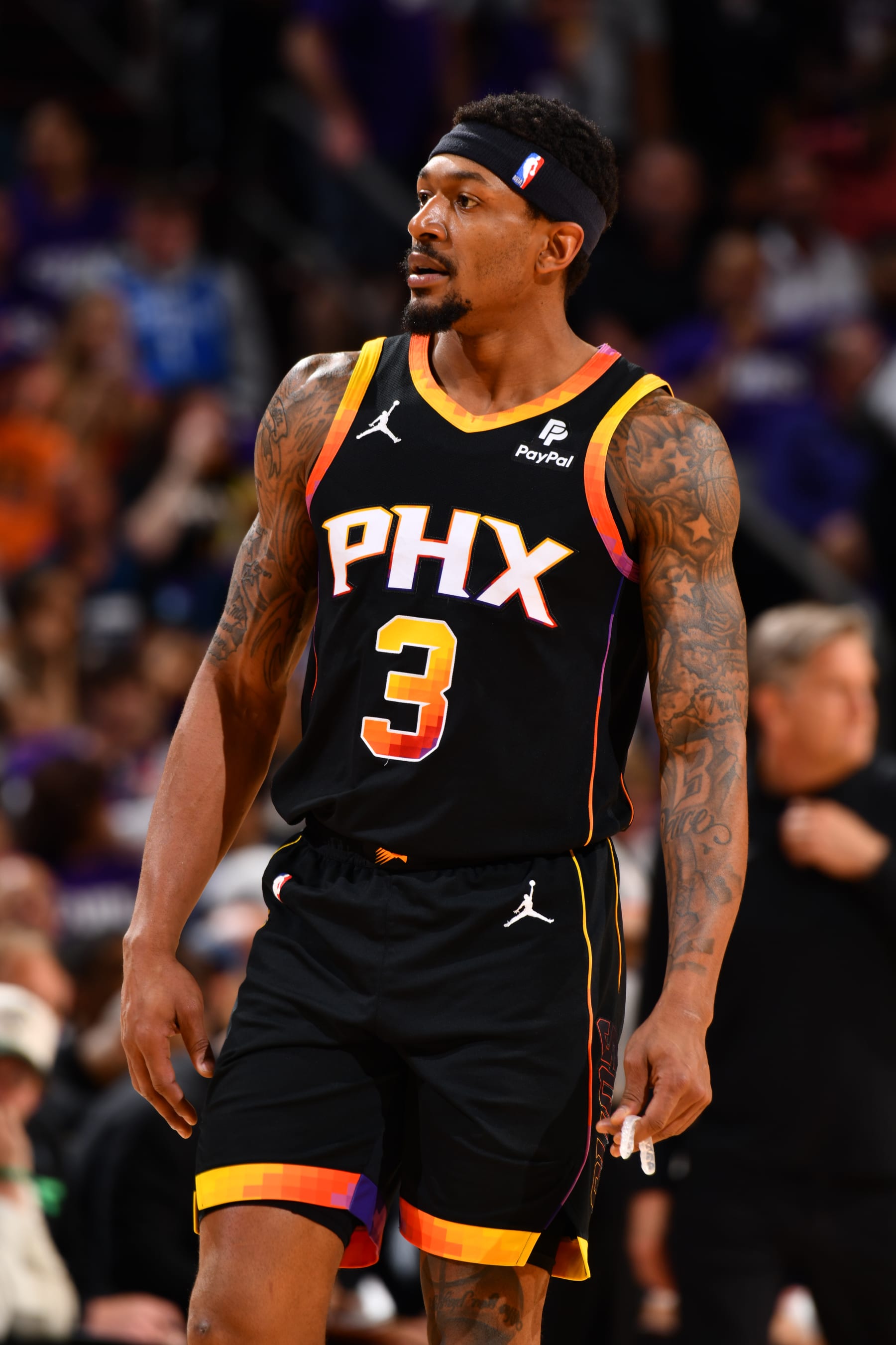 PHOENIX, AZ - APRIL 4: Bradley Beal #3 of the Phoenix Suns looks on during the game against the Minnesota Timberwolves during Round 1 Game 4 of the 2024 NBA Playoffs on April 4, 2023 at Footprint Center in Phoenix, Arizona. NOTE TO USER: User expressly acknowledges and agrees that, by downloading and or using this photograph, user is consenting to the terms and conditions of the Getty Images License Agreement. Mandatory Copyright Notice: Copyright 2024 NBAE (Photo by Barry Gossage/NBAE via Getty Images)