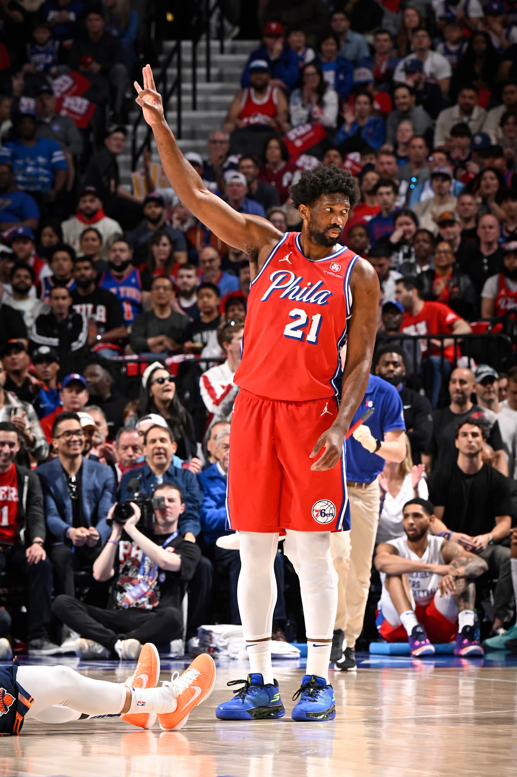PHILADELPHIA, PA - APRIL 28: Joel Embiid #21 of the Philadelphia 76ers celebrates during the game against the New York Knicks during Round 1 Game 4 of the 2024 NBA Playoffs on April 28, 2024 at the Wells Fargo Center in Philadelphia, Pennsylvania NOTE TO USER: User expressly acknowledges and agrees that, by downloading and/or using this Photograph, user is consenting to the terms and conditions of the Getty Images License Agreement. Mandatory Copyright Notice: Copyright 2024 NBAE (Photo by David Dow/NBAE via Getty Images)