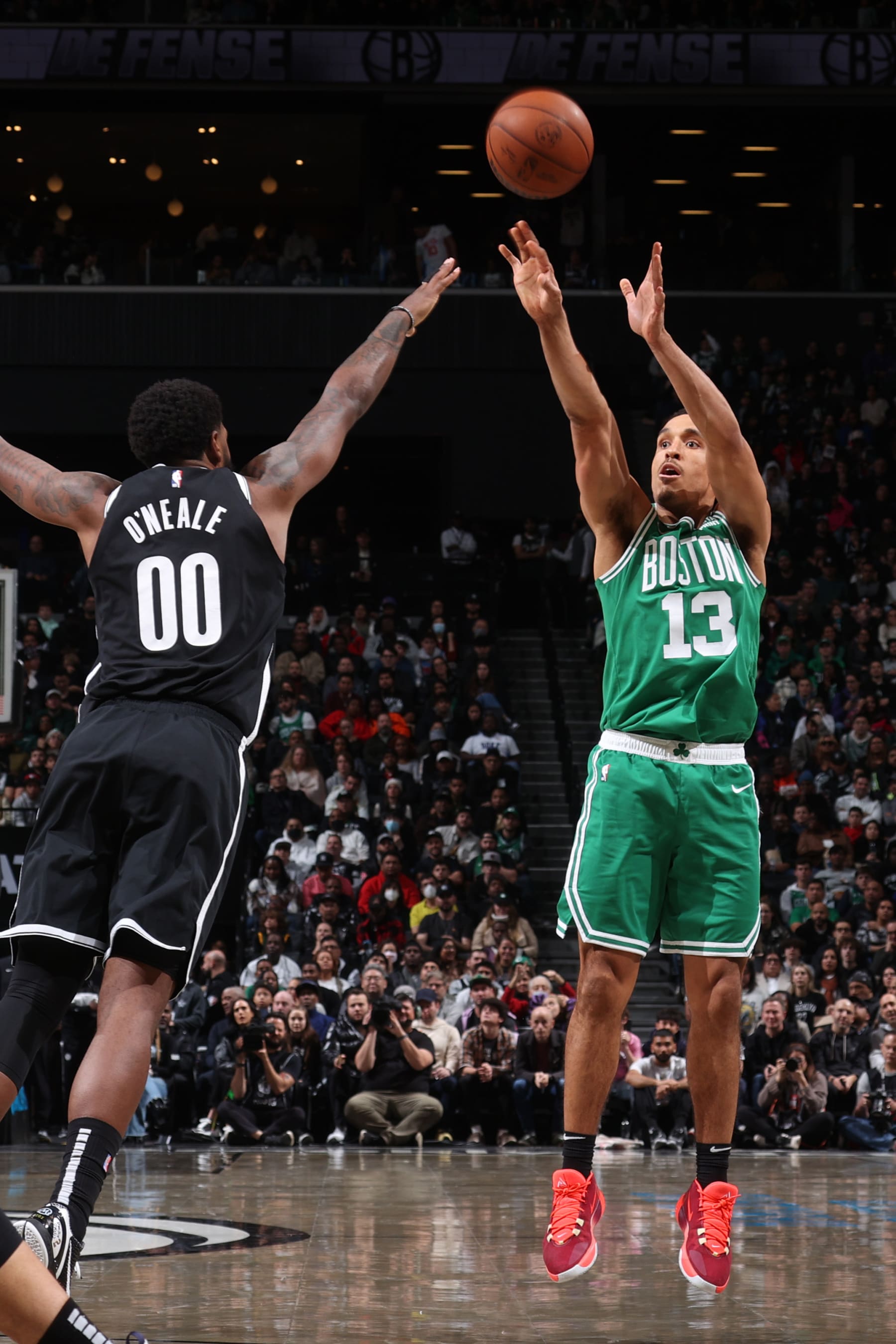 BROOKLYN, NY - DECEMBER 4: Malcolm Brogdon #13 of the Boston Celtics shoots the ball during the game against the Brooklyn Nets on December 4, 2022 at Barclays Center in Brooklyn, New York. NOTE TO USER: User expressly acknowledges and agrees that, by downloading and or using this Photograph, user is consenting to the terms and conditions of the Getty Images License Agreement. Mandatory Copyright Notice: Copyright 2022 NBAE (Photo by Nathaniel S. Butler/NBAE via Getty Images)