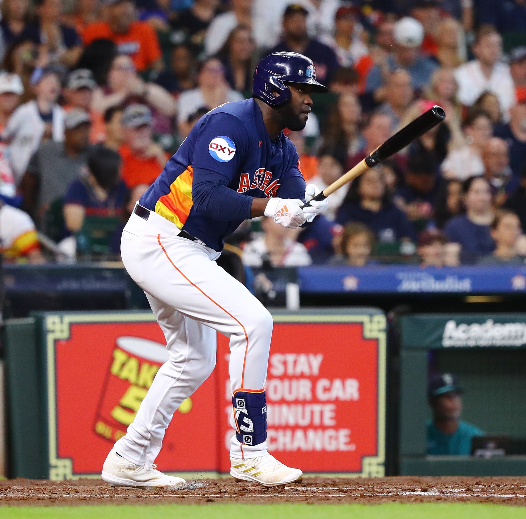 HOUSTON, TEXAS - AUGUST 20: Yordan Alvarez #44 of the Houston Astros singles in two runs in the third inning against the Seattle Mariners at Minute Maid Park on August 20, 2023 in Houston, Texas. (Photo by Bob Levey/Getty Images)
