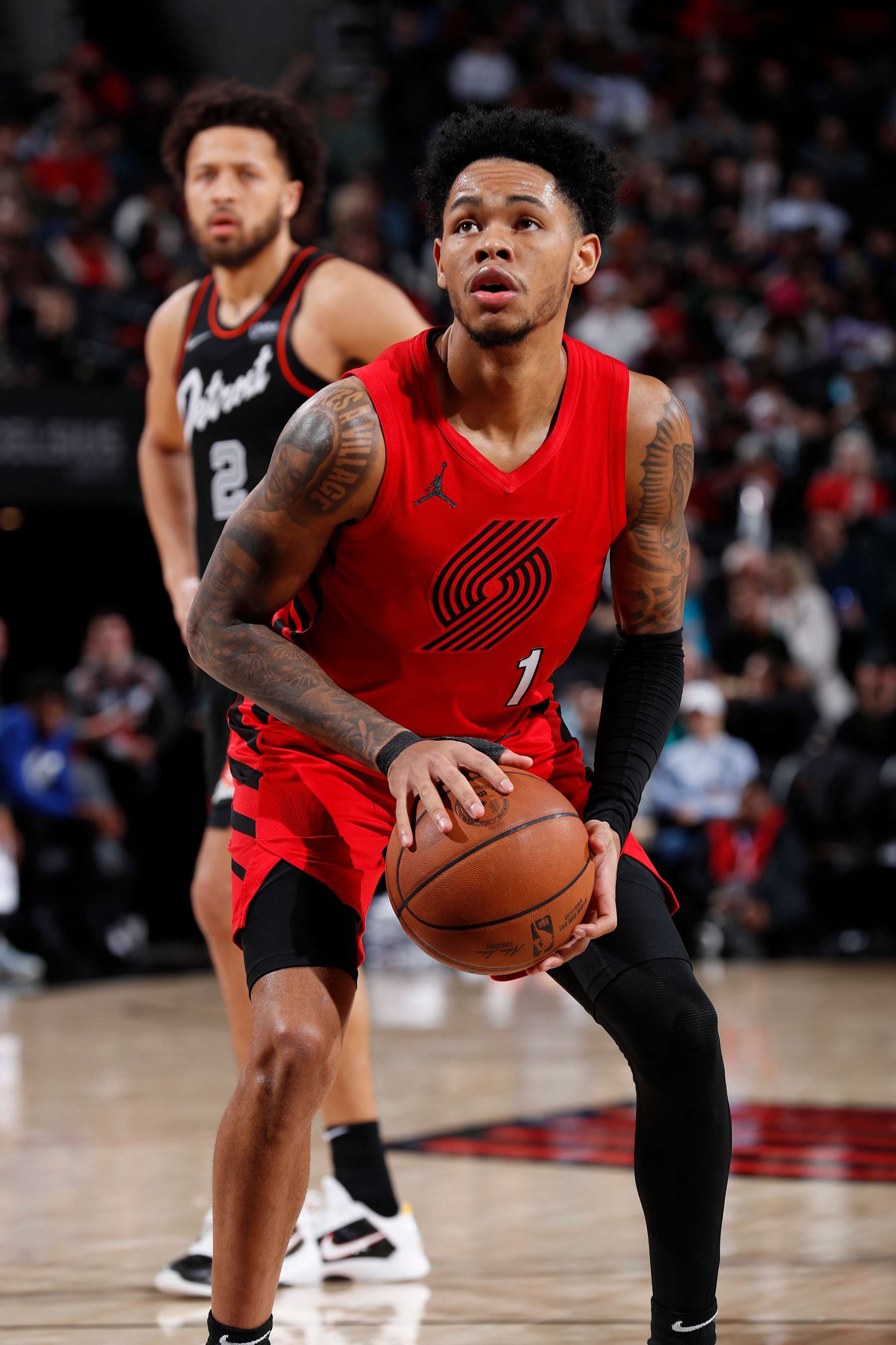 PORTLAND, OR - FEBRUARY 8: Anfernee Simons #1 of the Portland Trail Blazers prepares to shoot a free throw during the game against the Detroit Pistons on February 8, 2024 at the Moda Center Arena in Portland, Oregon. NOTE TO USER: User expressly acknowledges and agrees that, by downloading and or using this photograph, user is consenting to the terms and conditions of the Getty Images License Agreement. Mandatory Copyright Notice: Copyright 2024 NBAE (Photo by Cameron Browne/NBAE via Getty Images)