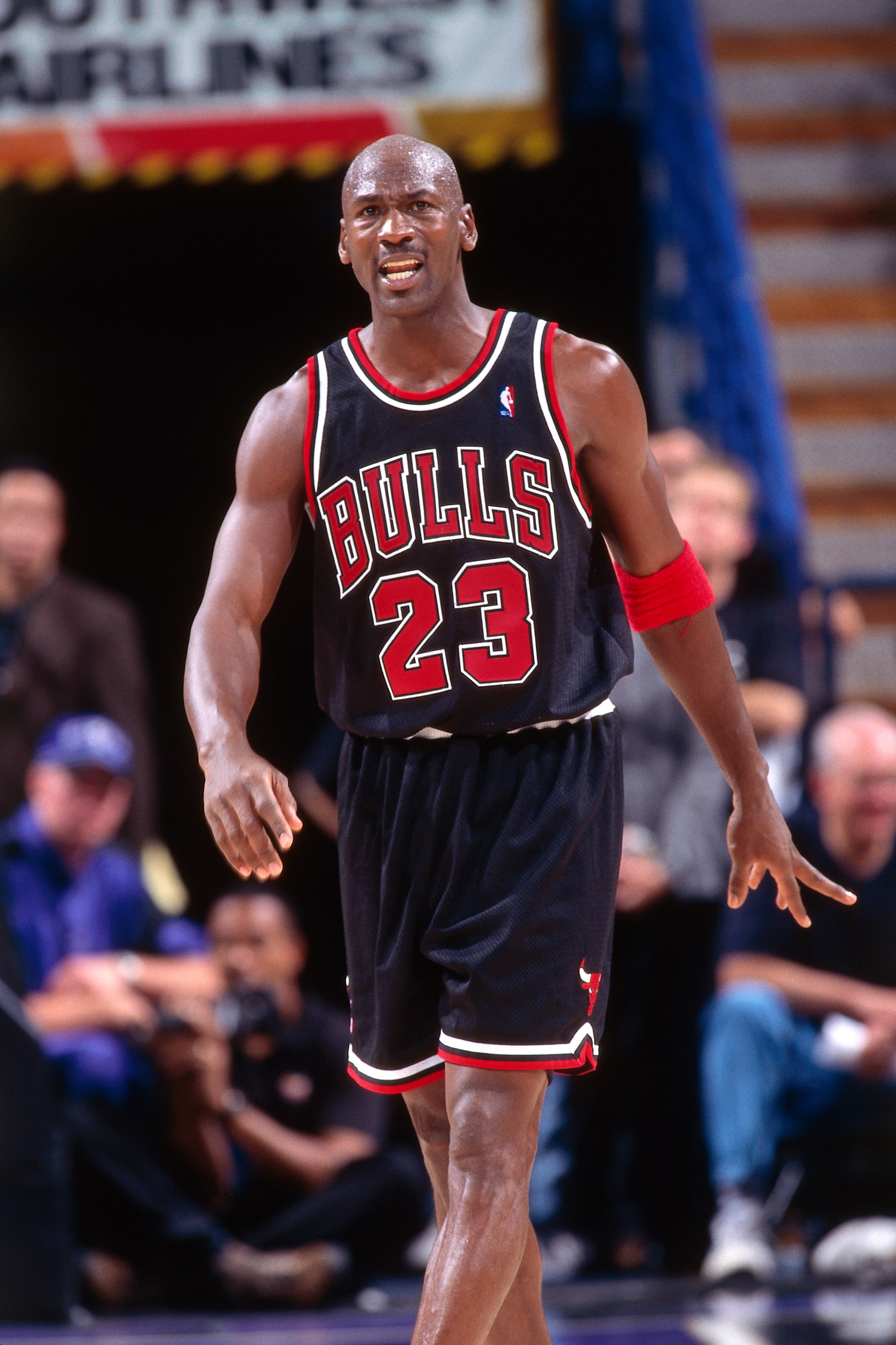 SACRAMENTO, CA - NOVEMBER 23: Michael Jordan #23 of the Chicago Bulls looks on against the Sacramento Kings on November 23, 1997 at Arco Arena in Sacramento, California. NOTE TO USER: User expressly acknowledges and agrees that, by downloading and or using this photograph, User is consenting to the terms and conditions of the Getty Images License Agreement. Mandatory Copyright Notice: Copyright 1997 NBAE (Photo by Rocky Widner/NBAE via Getty Images)