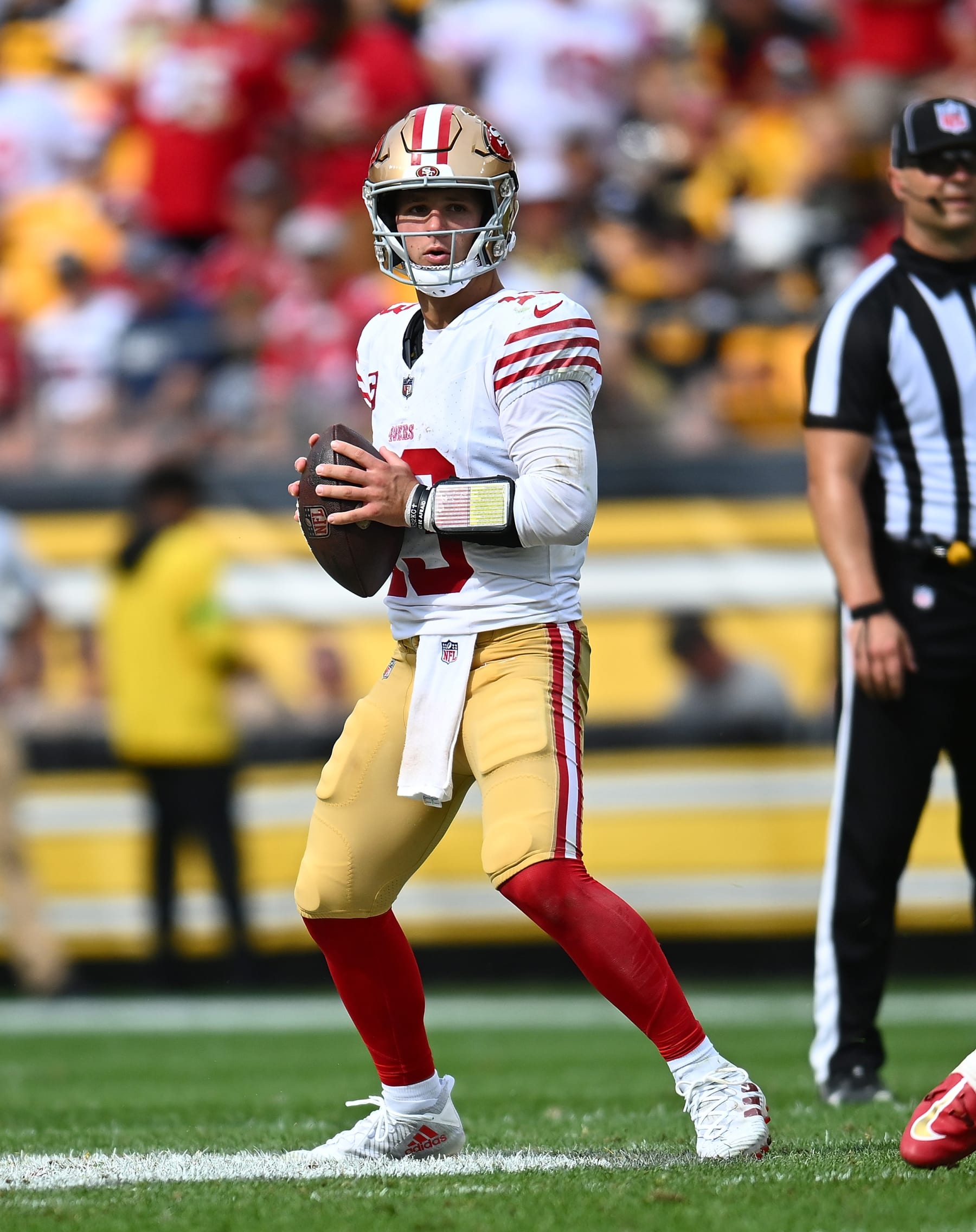 PITTSBURGH, PENNSYLVANIA - SEPTEMBER 10:  Brock Purdy #13 of the San Francisco 49ers in action during the game against the Pittsburgh Steelers at Acrisure Stadium on September 10, 2023 in Pittsburgh, Pennsylvania. (Photo by Joe Sargent/Getty Images)